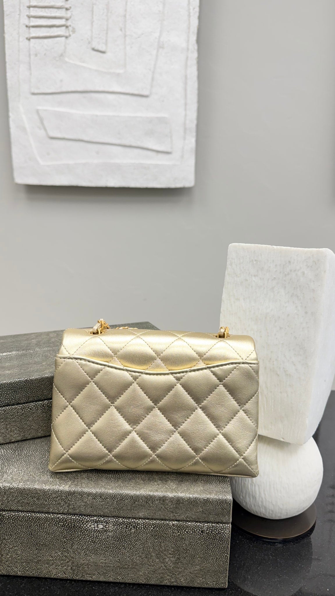 Chanel Gold Quilted Lambskin Leather Pearl Mini Flap Bag