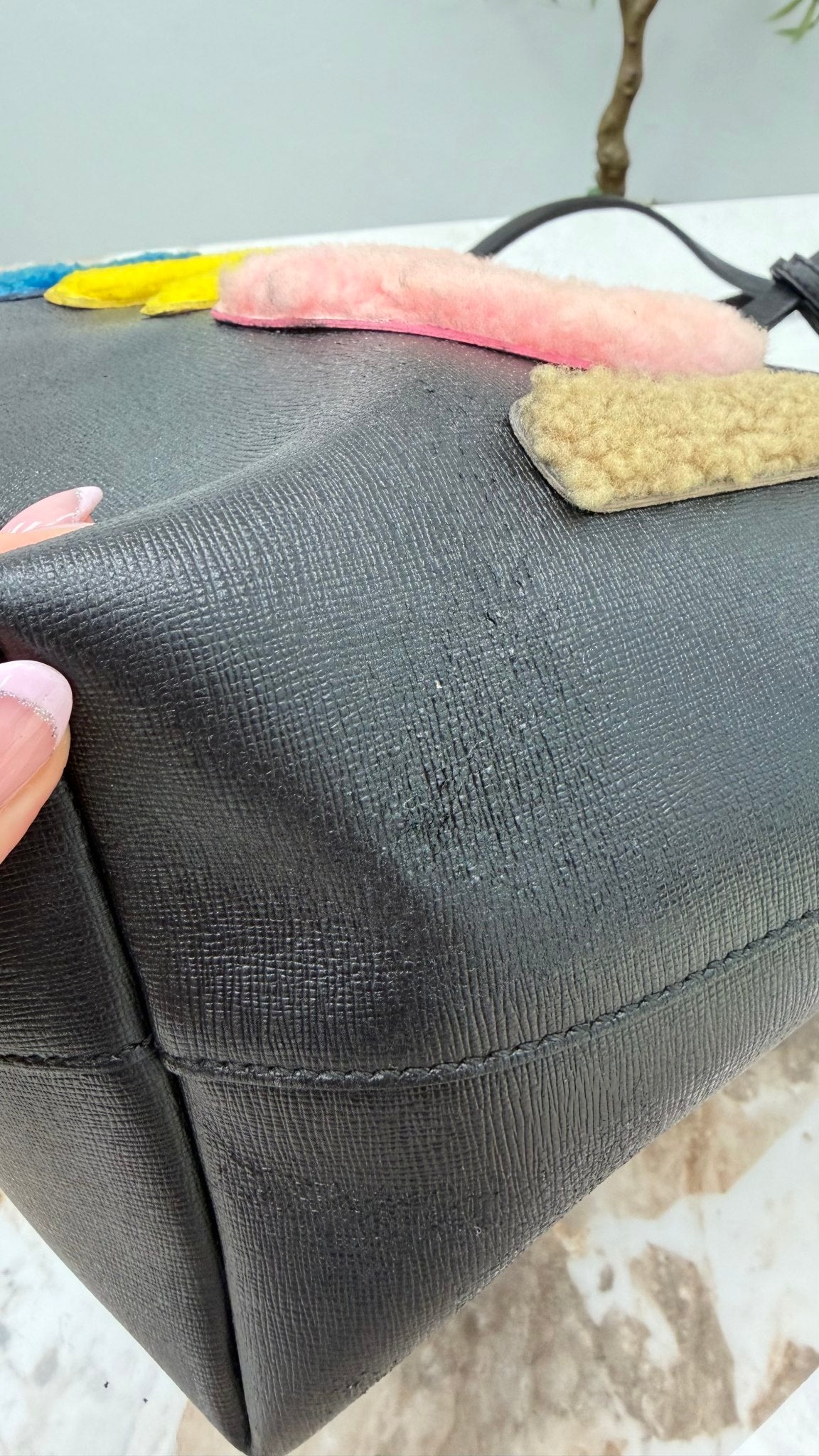 Fendi Black Leather Shearling Logo Roll Tote
