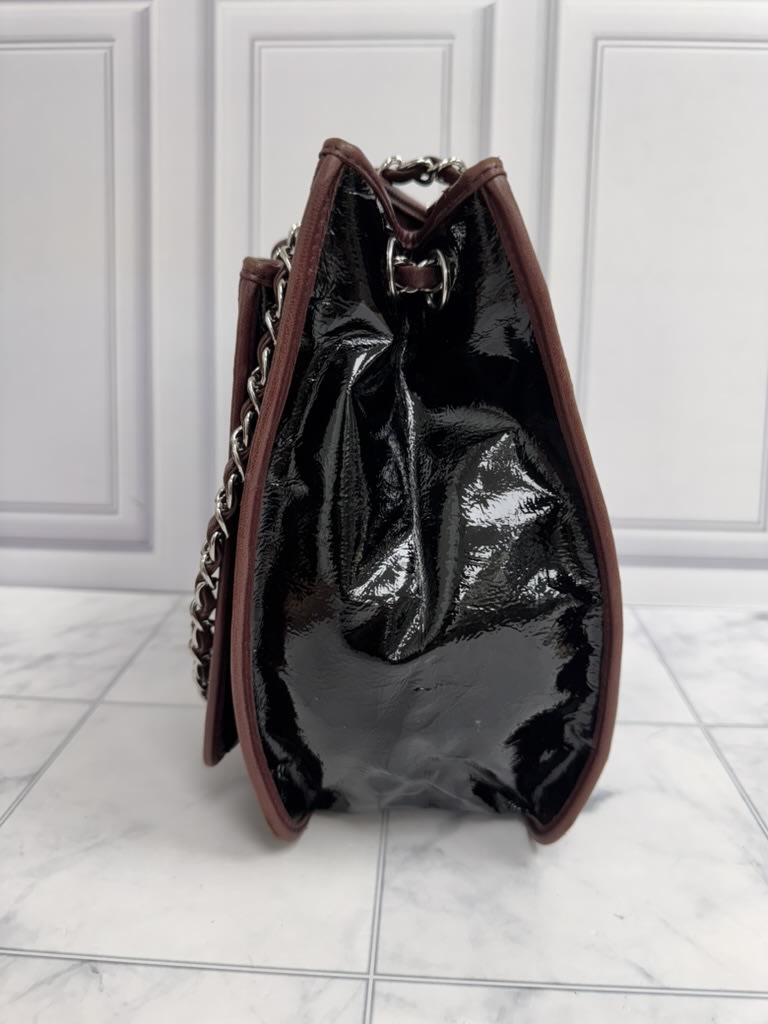 Chanel Black Patent Leather And Burgundy Chocolate Bar Medium Tote Bag