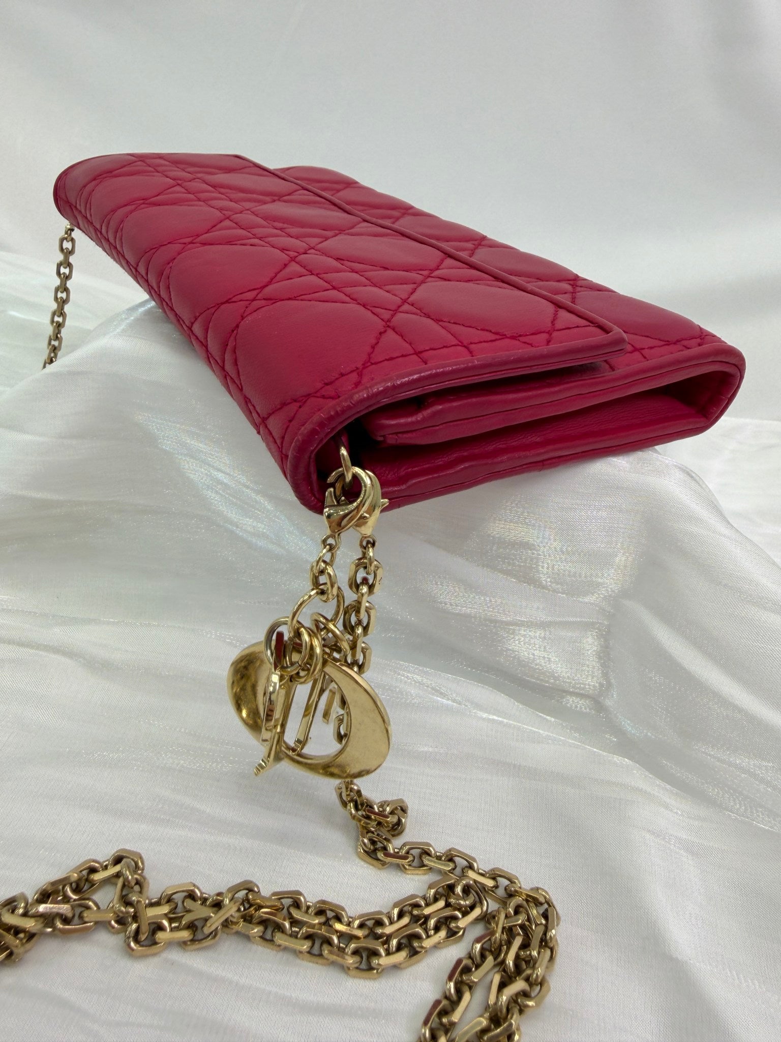 Christian Dior Pink Leather Cannage Crossbody Wallet on a Chain
