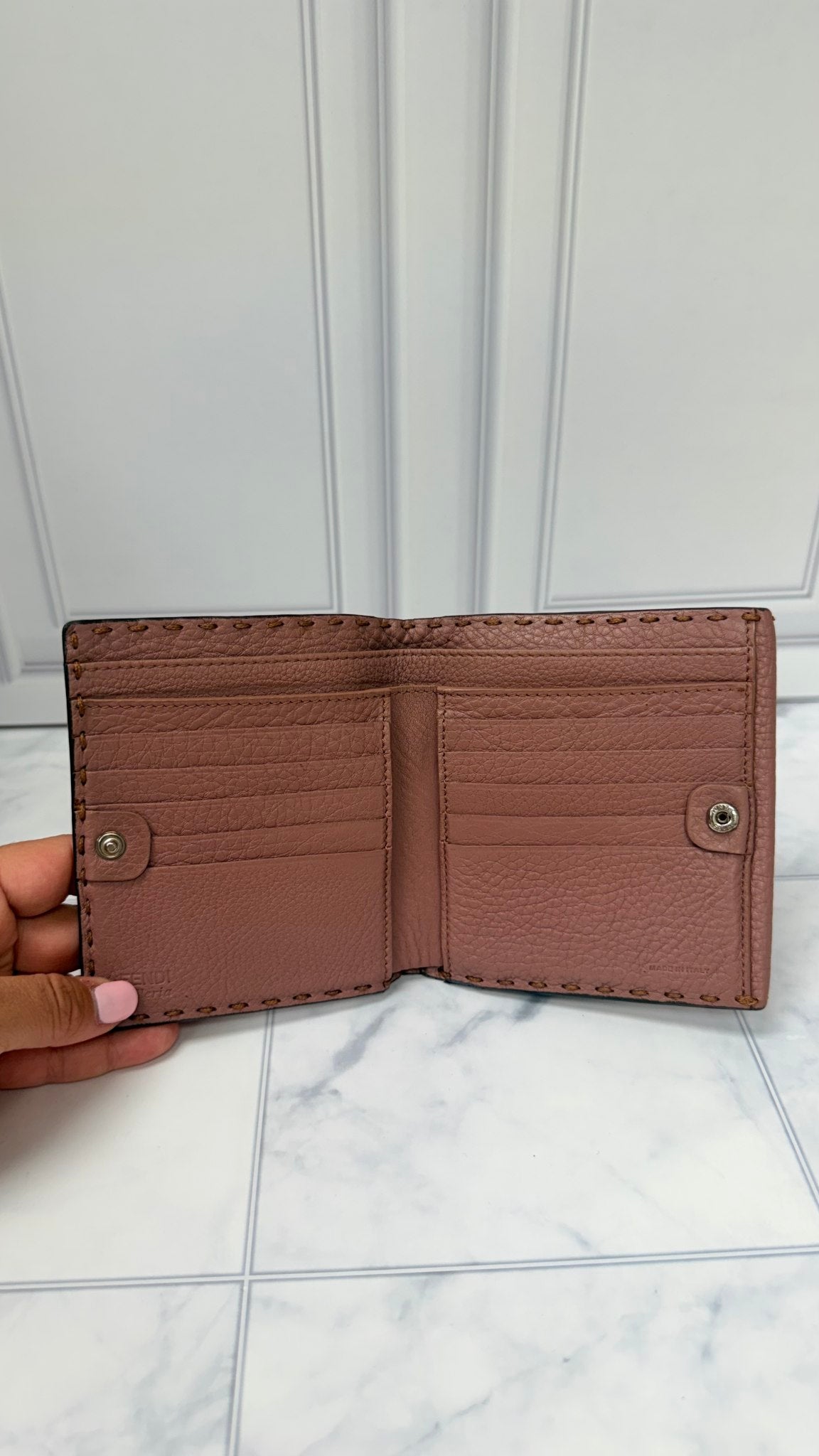 Fendi Pink Grained Leather Selleria Peekaboo Compact Wallet