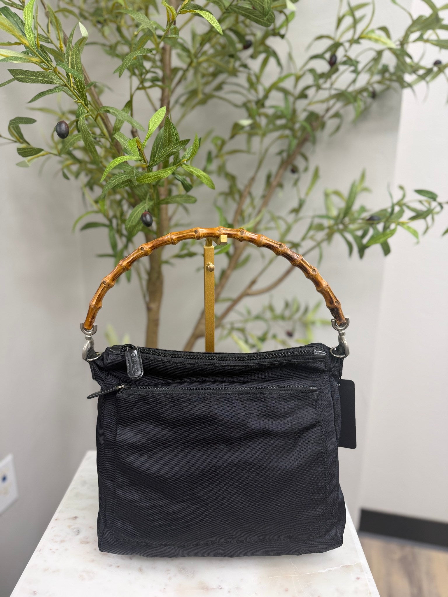 Gucci Black Nylon Bamboo Handbag