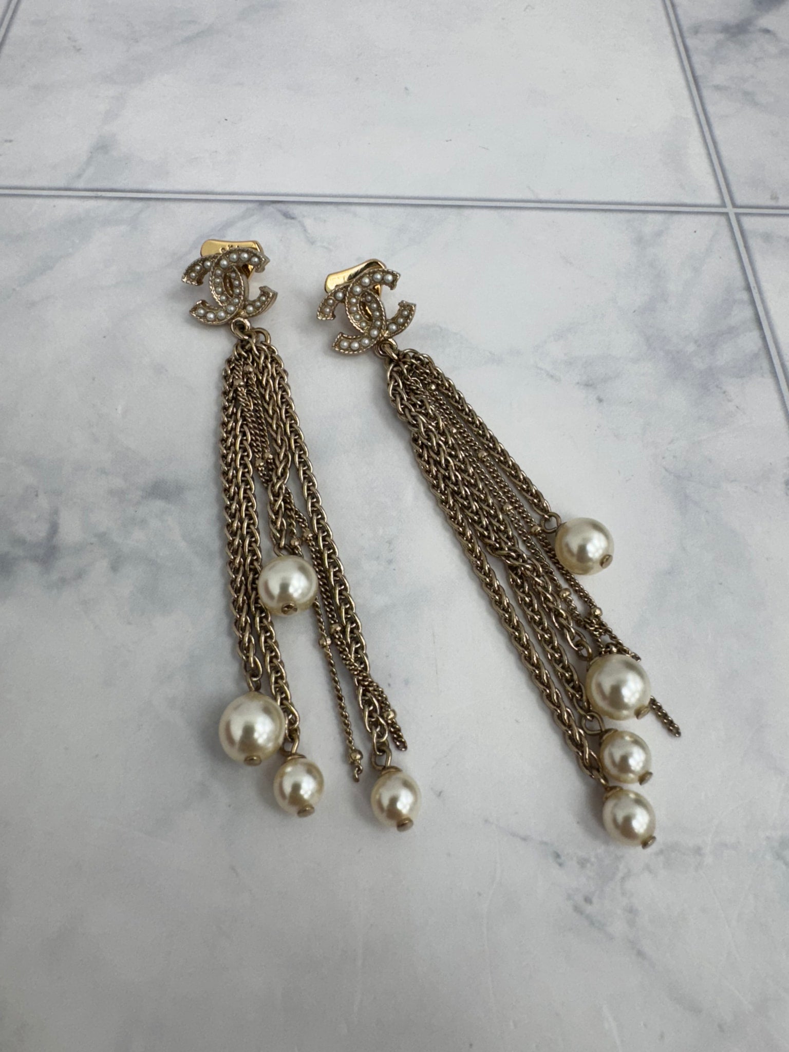 Chanel Gold Tone Faux Pearl CC Chain Tassel Earrings