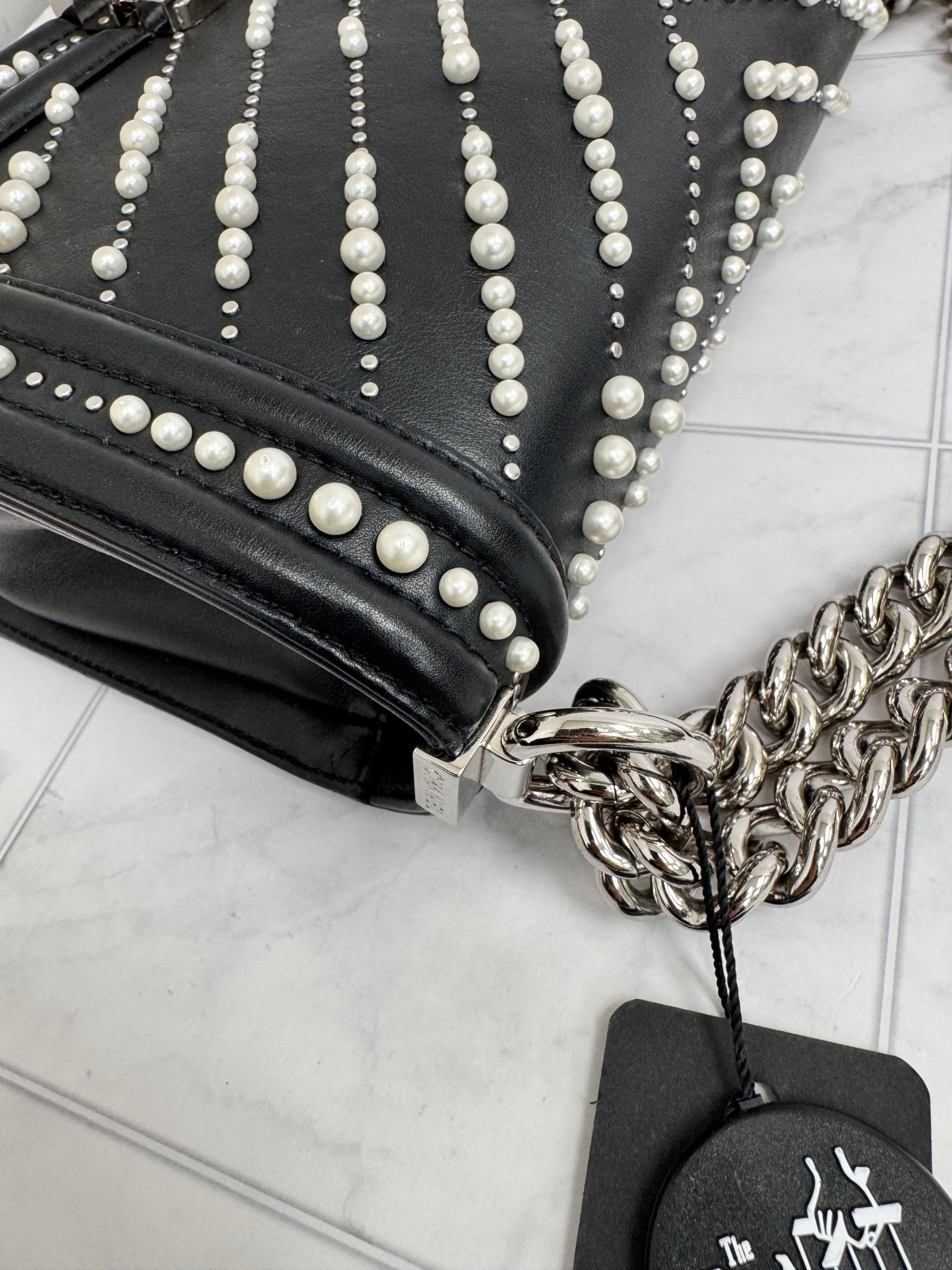 Chanel Black Chevron Pearls Medium Boy Flap Bag