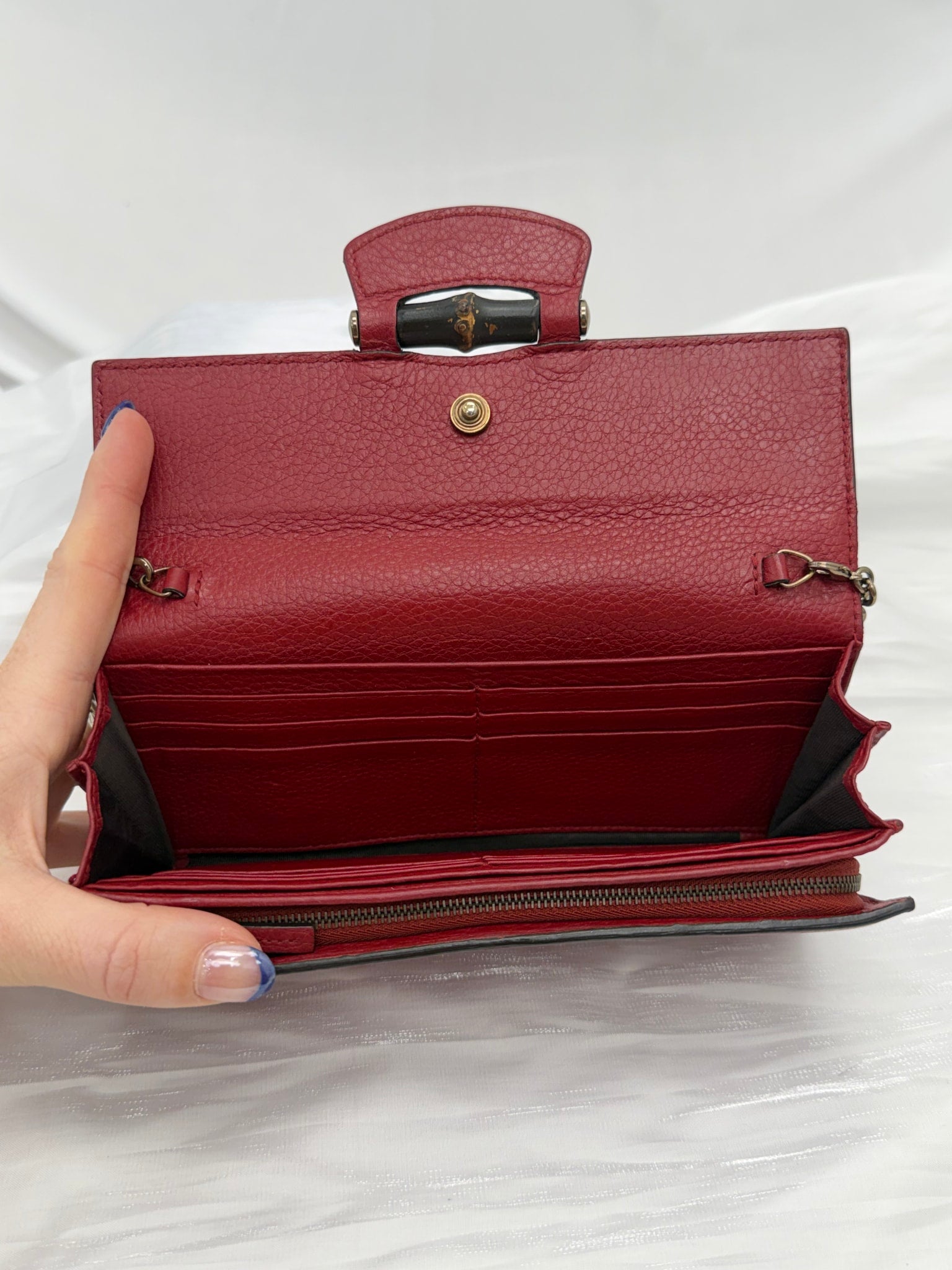 Gucci Red Leather Bamboo Wallet on a Chain