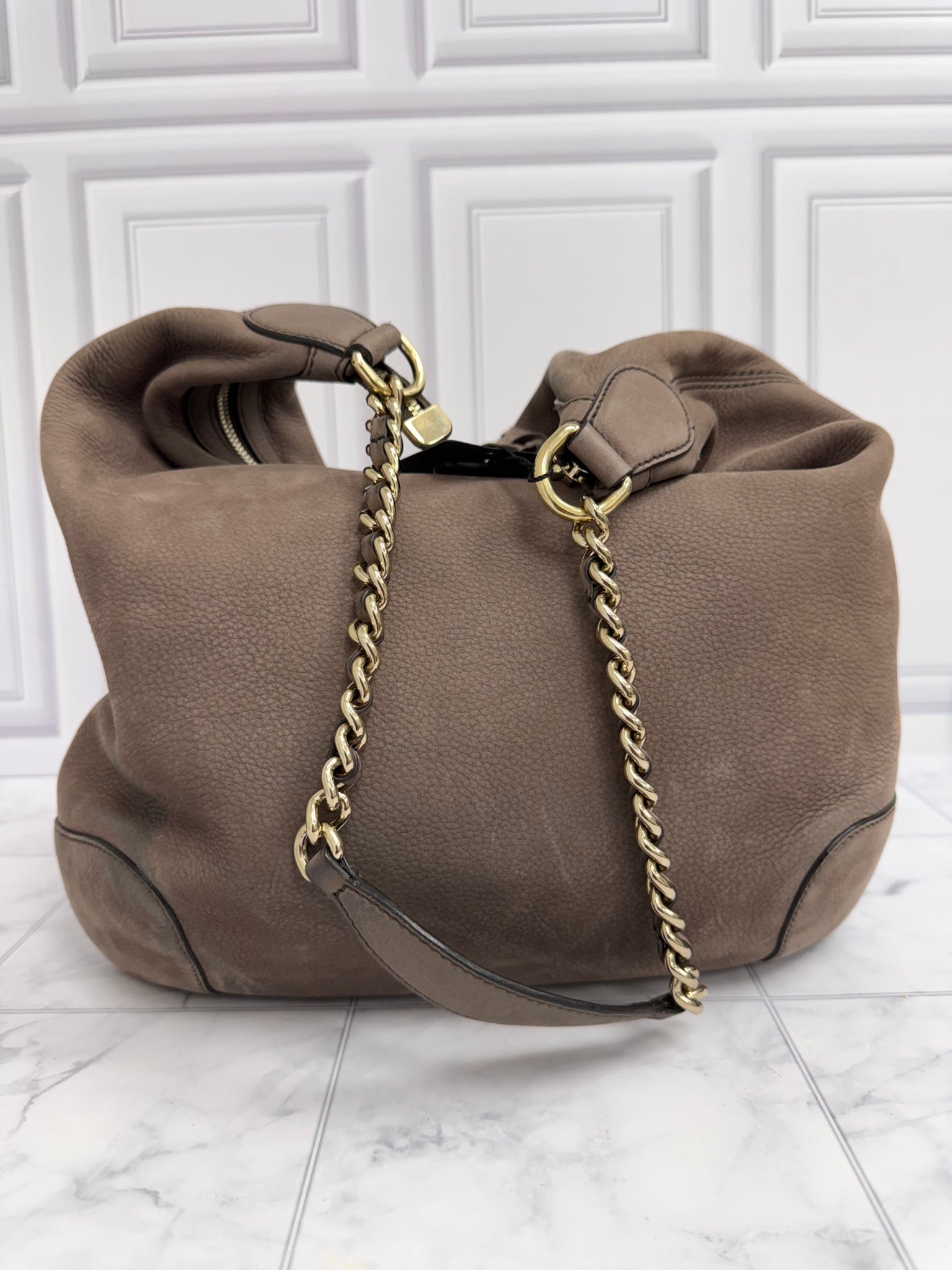 Gucci Taupe Suede Interlocking G Soho Chain Hobo Bag