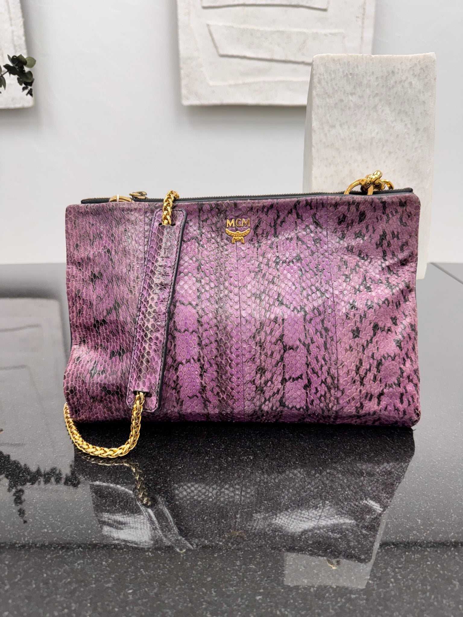MCM Purple Snakeskin Embossed Leather Chain Crossbody Bag
