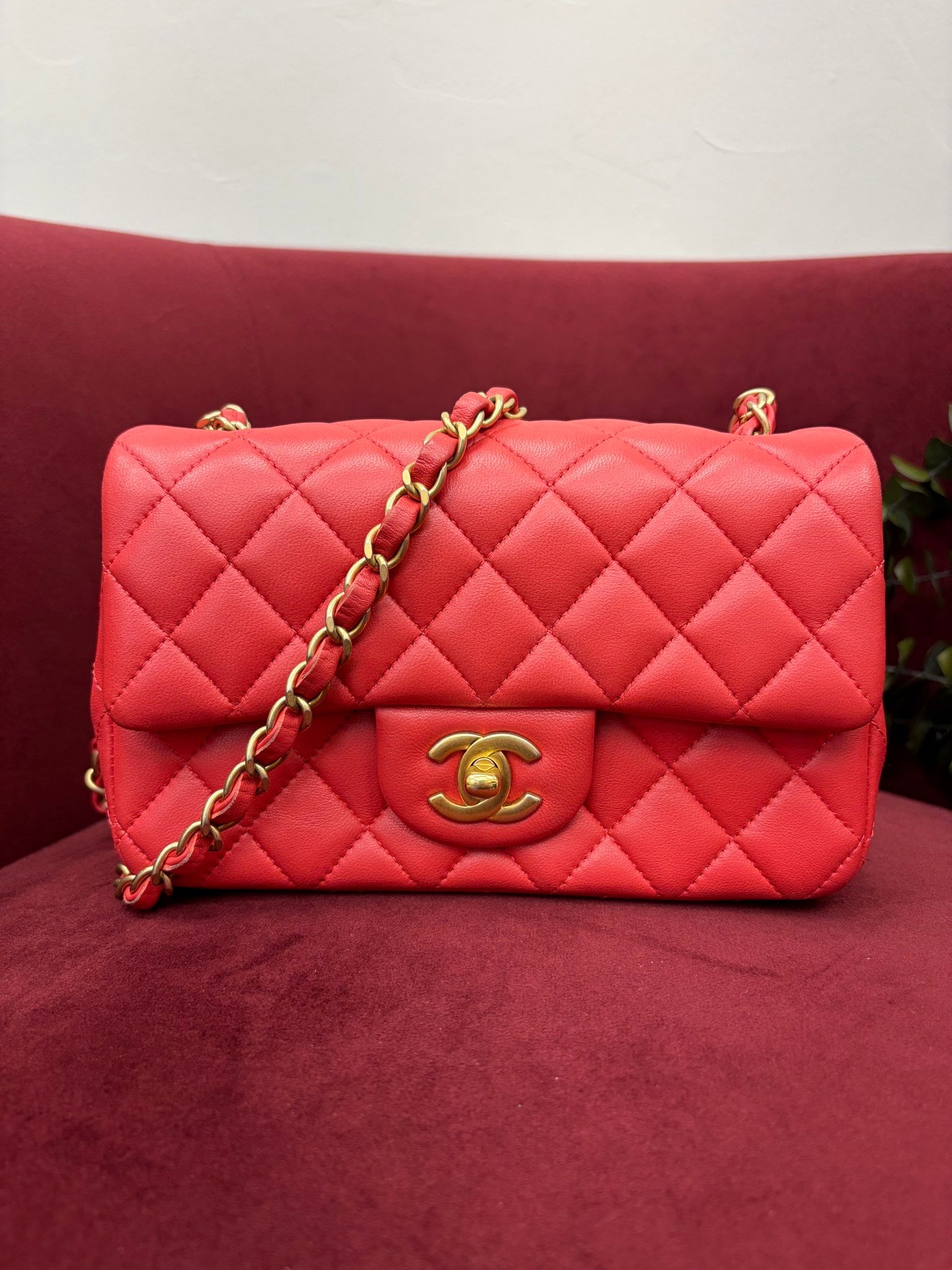 Chanel Coral Quilted Lambskin Mini Rectangular Flap Bag