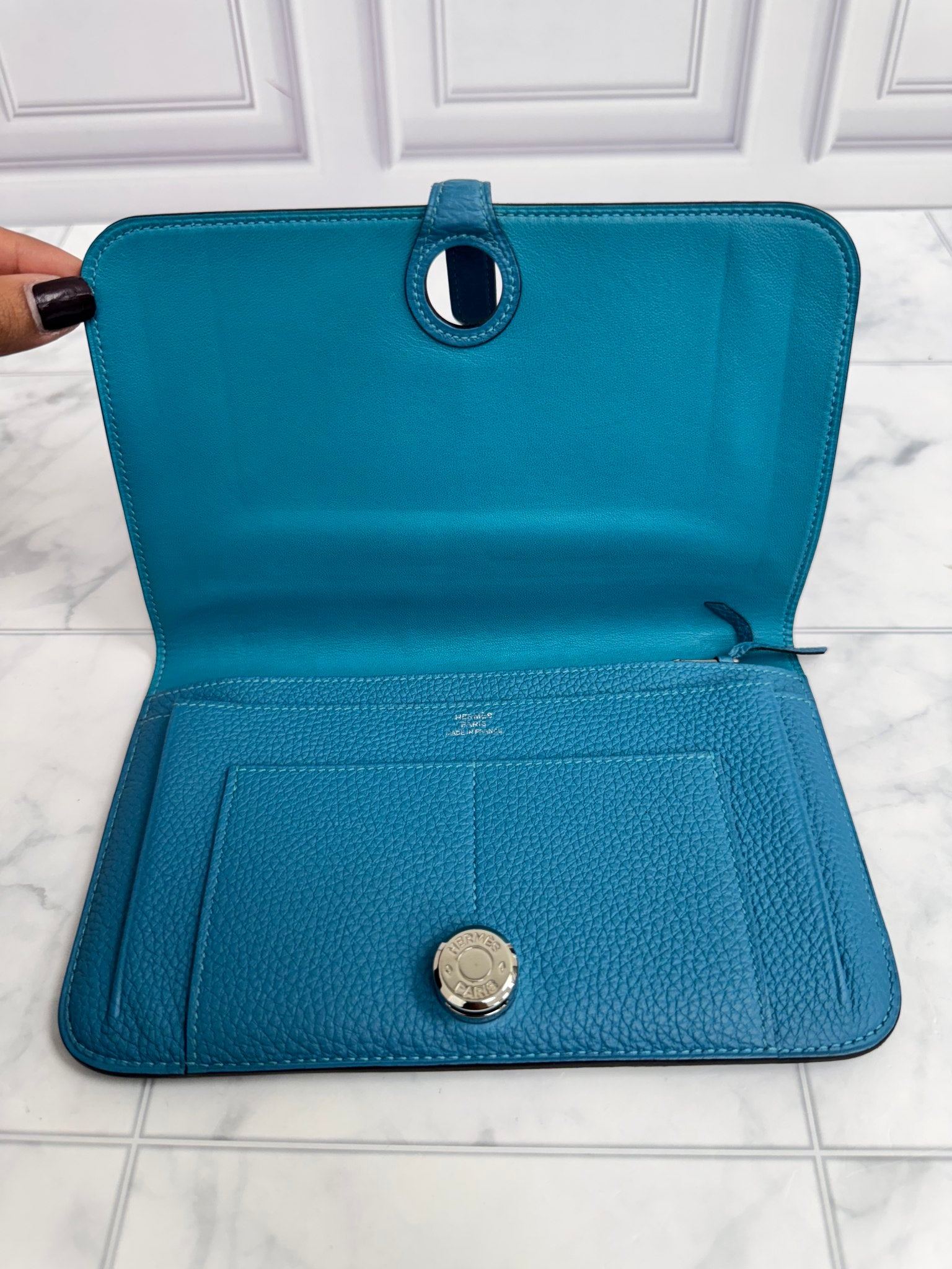 LIKE NEW - Hermes Blue Grained Leather Dogon Duo Long Wallet GM