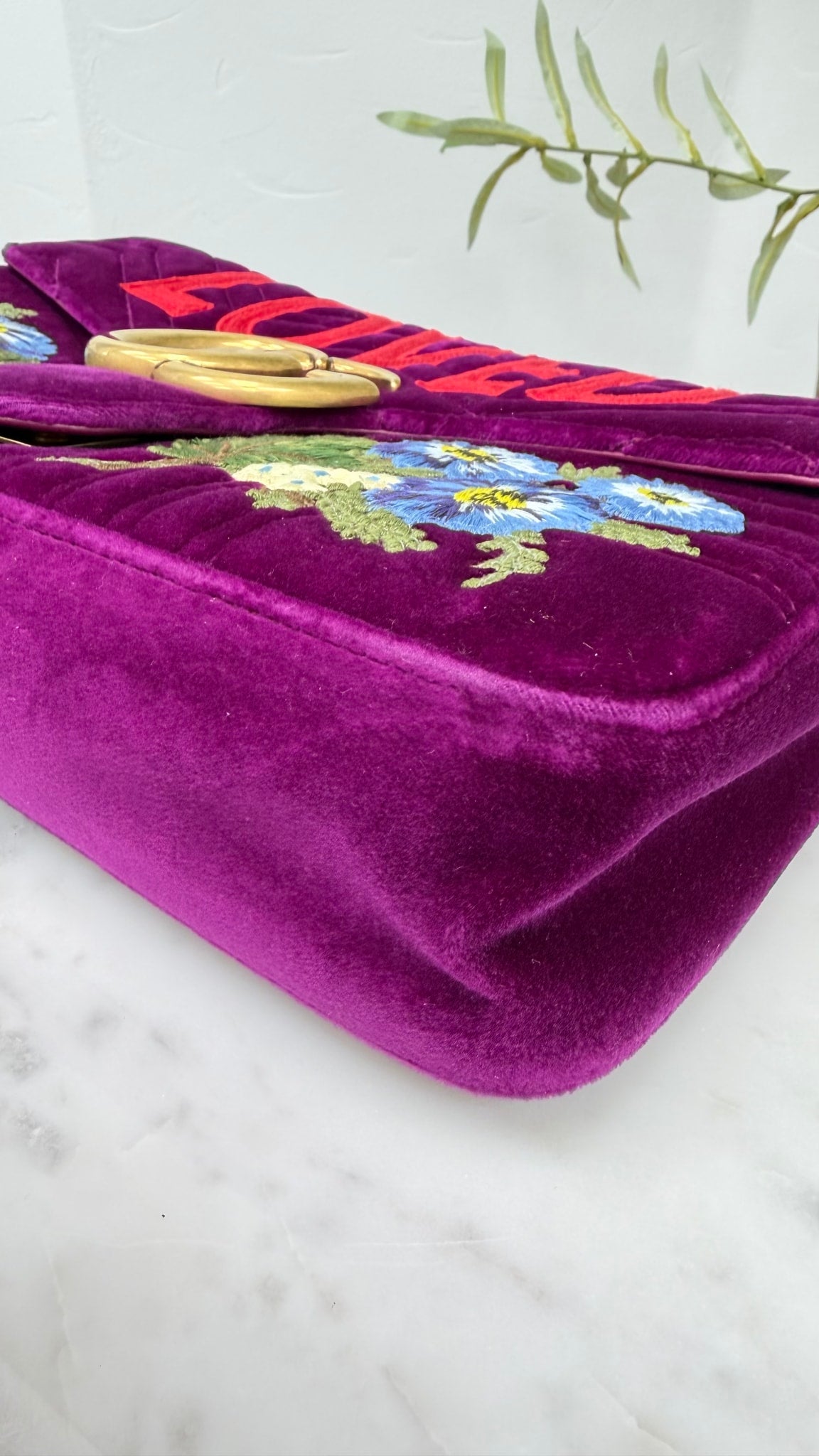 Gucci Purple Suede LOVED Embroidered Medium Marmont Flap Bag