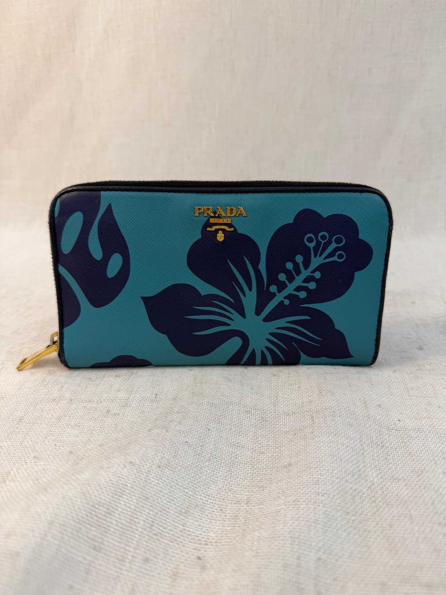 Prada Blue Saffiano Leather Floral Print Zippy Wallet