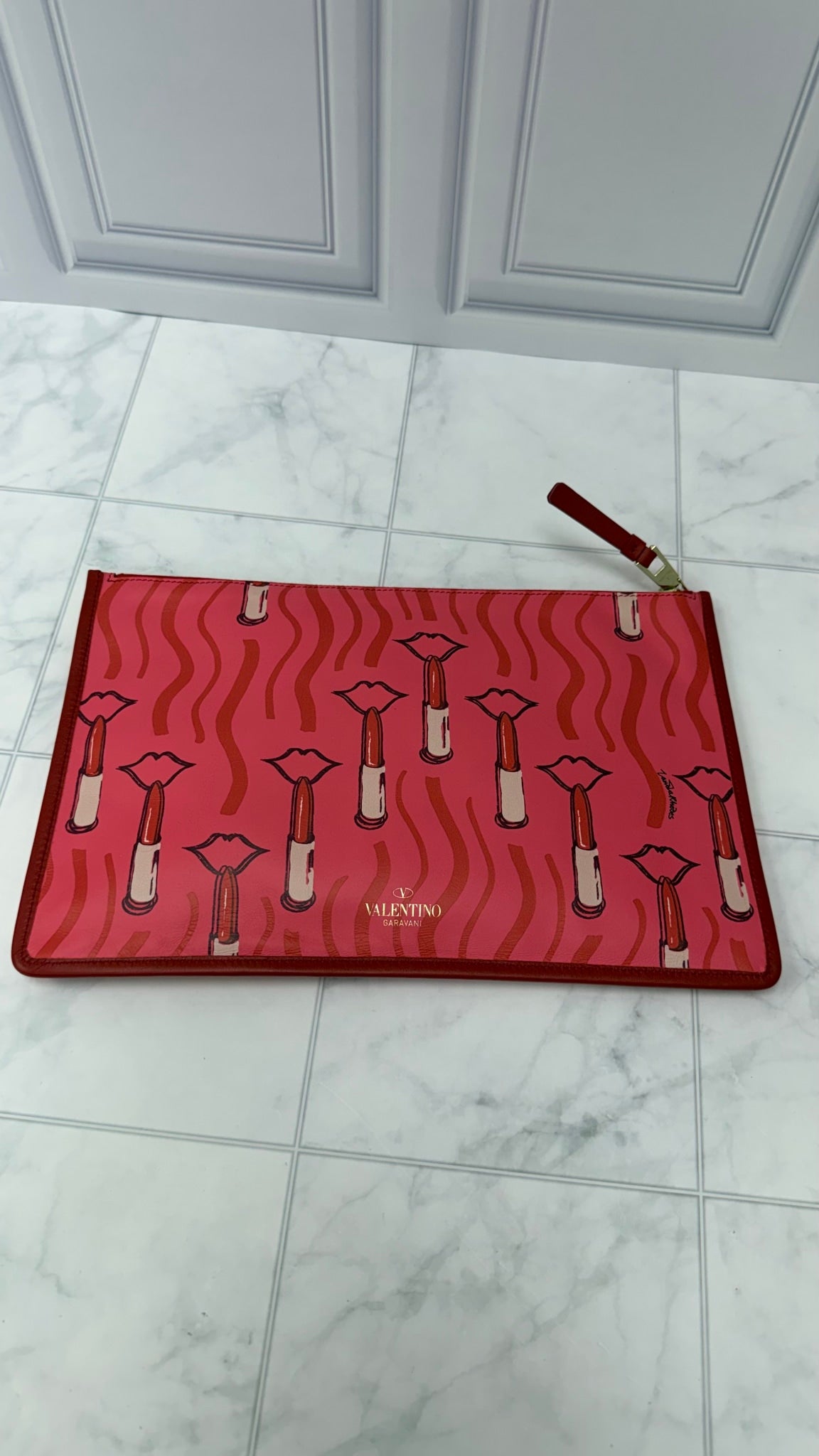 Valentino PINK Lipstick Printed Leather Pouch