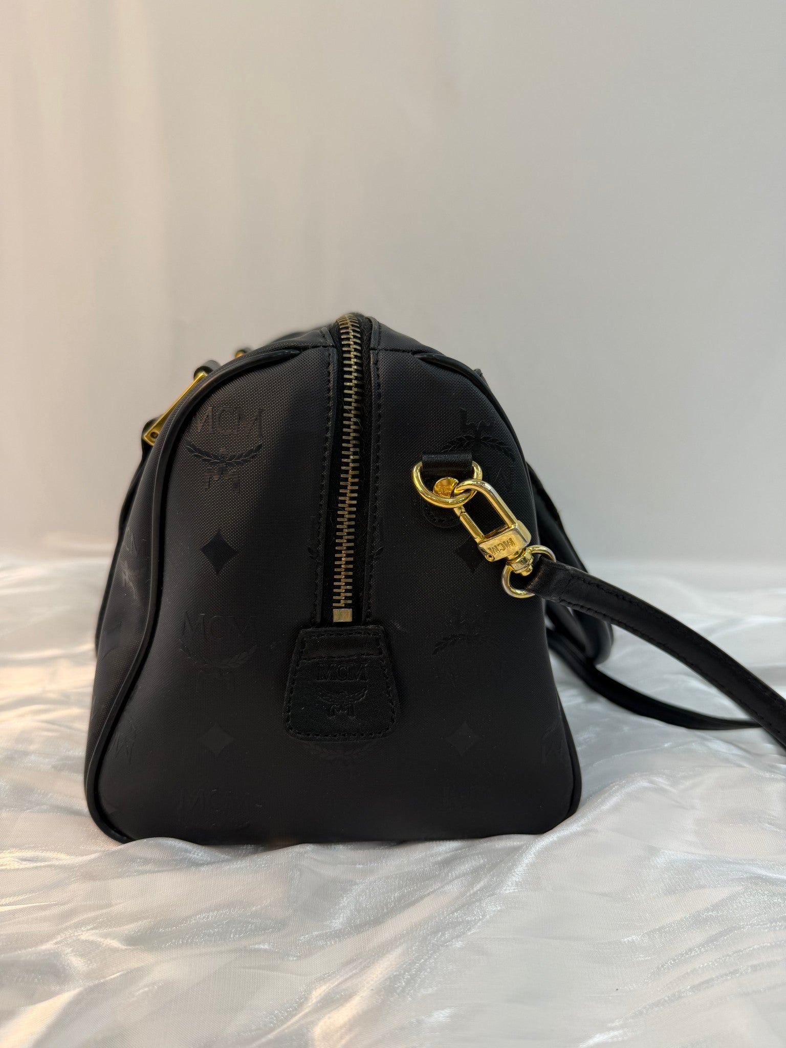 MCM Black Coated Canvas Boston Bag