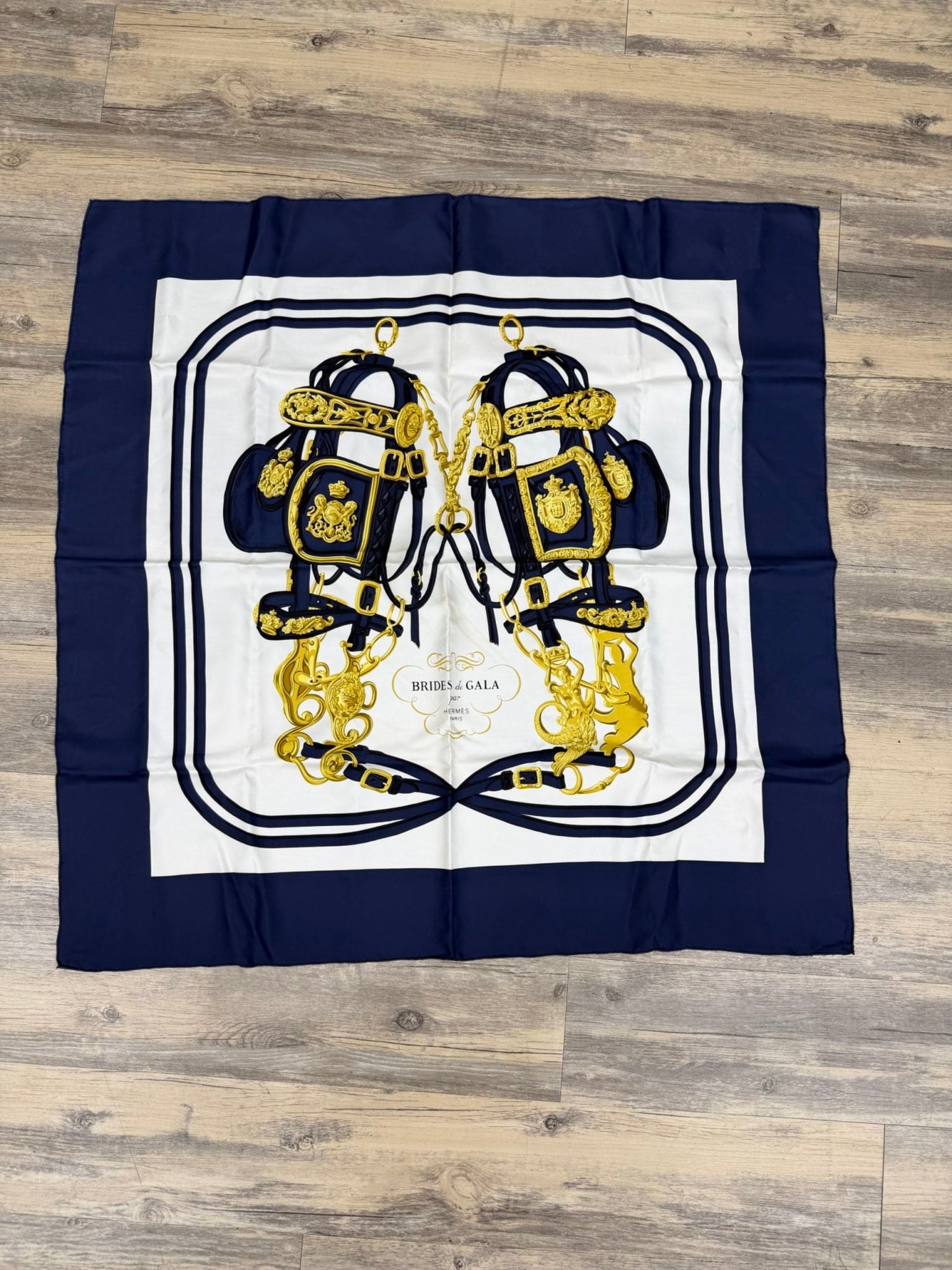 Hermes Navy And White Silk Scarf