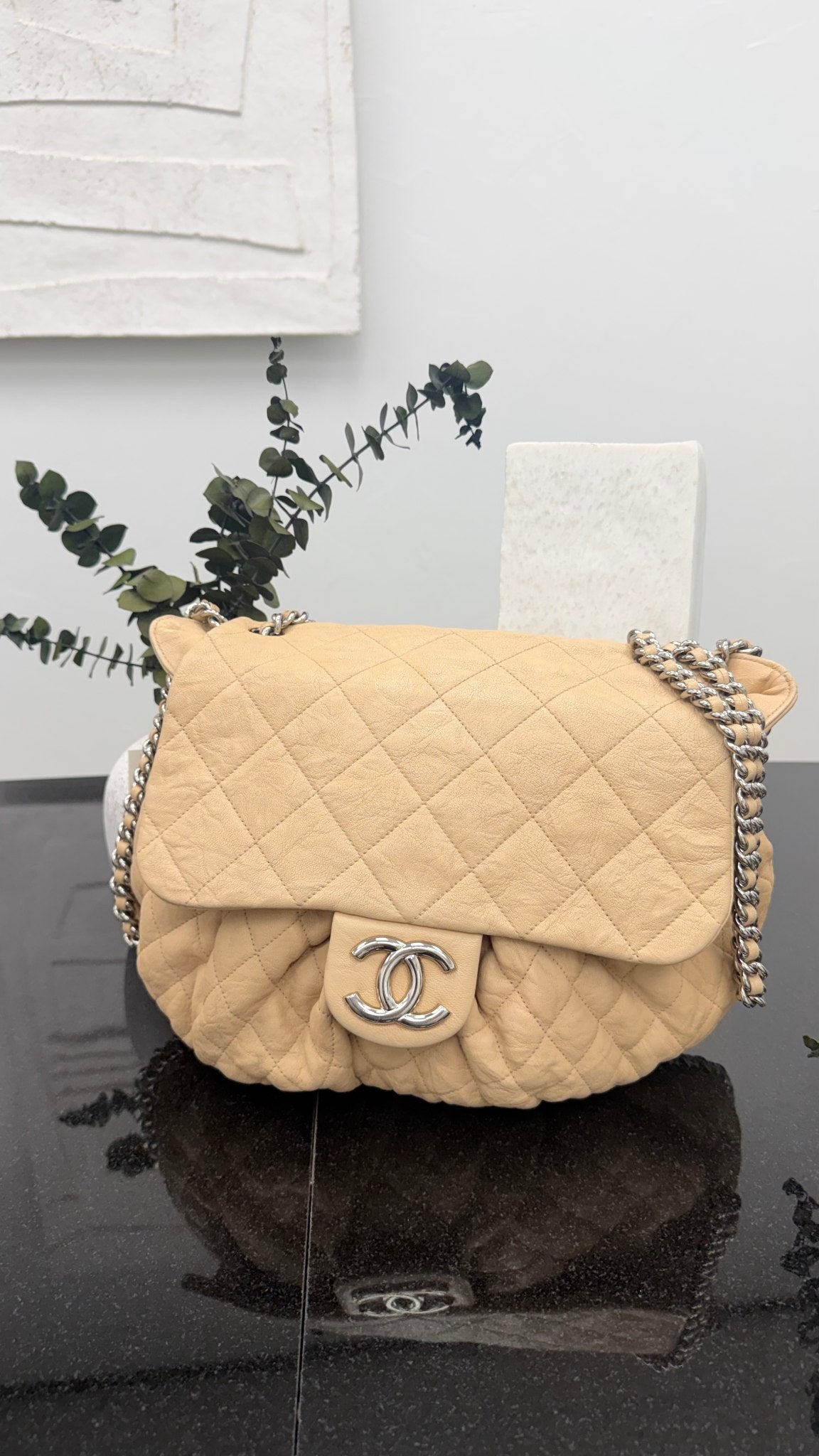 Chanel Beige Calfskin Leather Chain Around Shoulder Bag