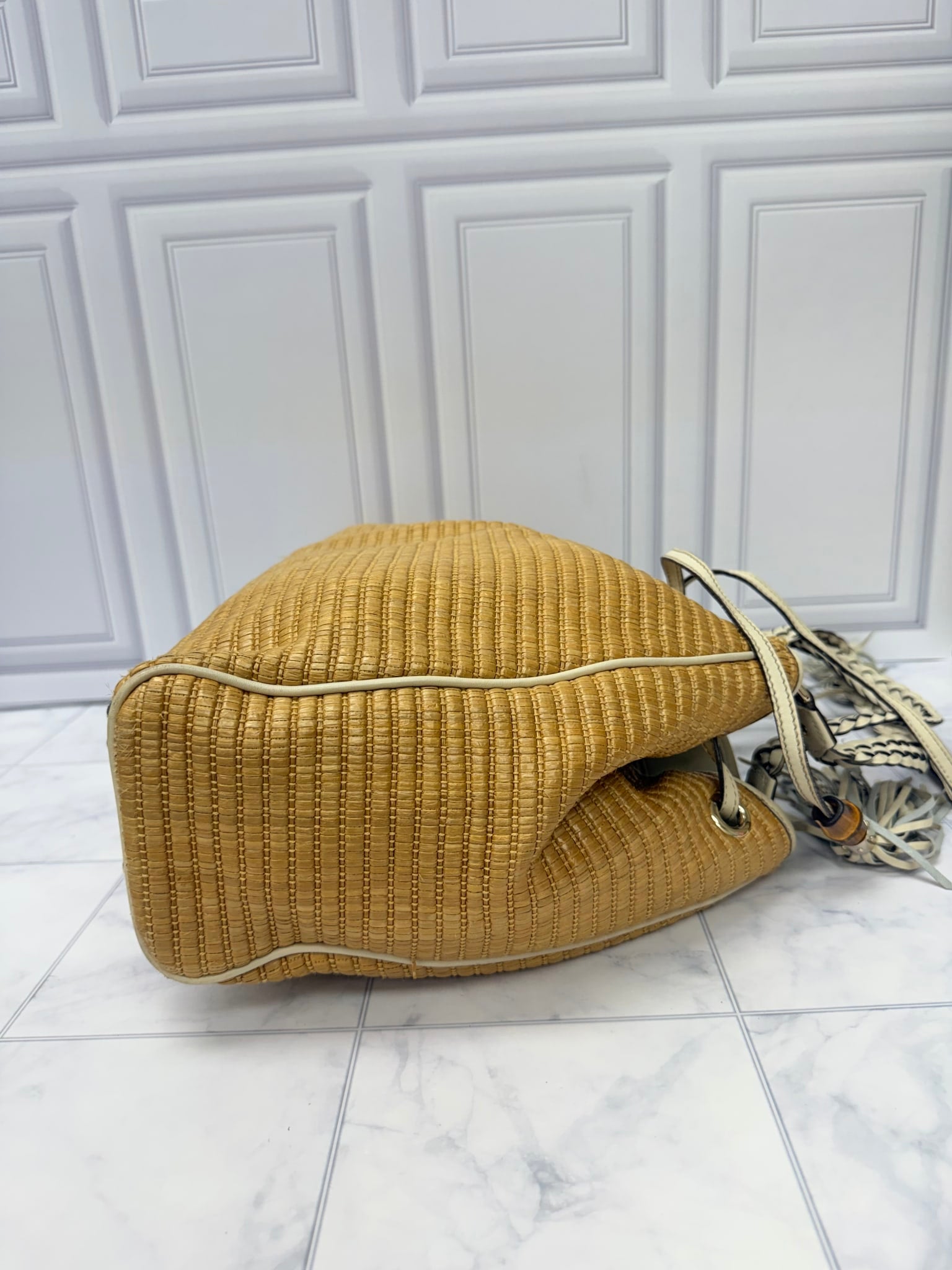Gucci Natural Raffia Bamboo Peggy Shoulder Bag