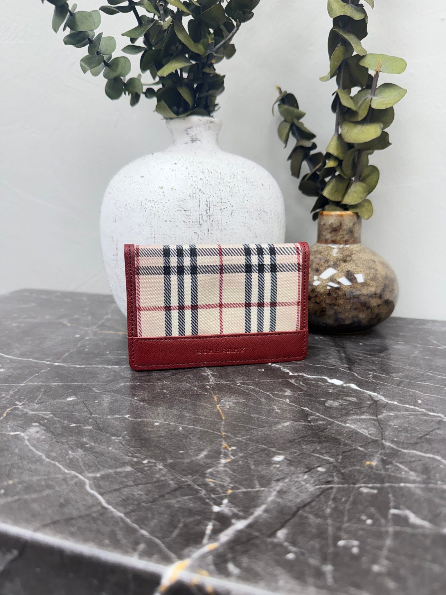 Burberry Burgundy Nova Check Canvas Leather Card Case