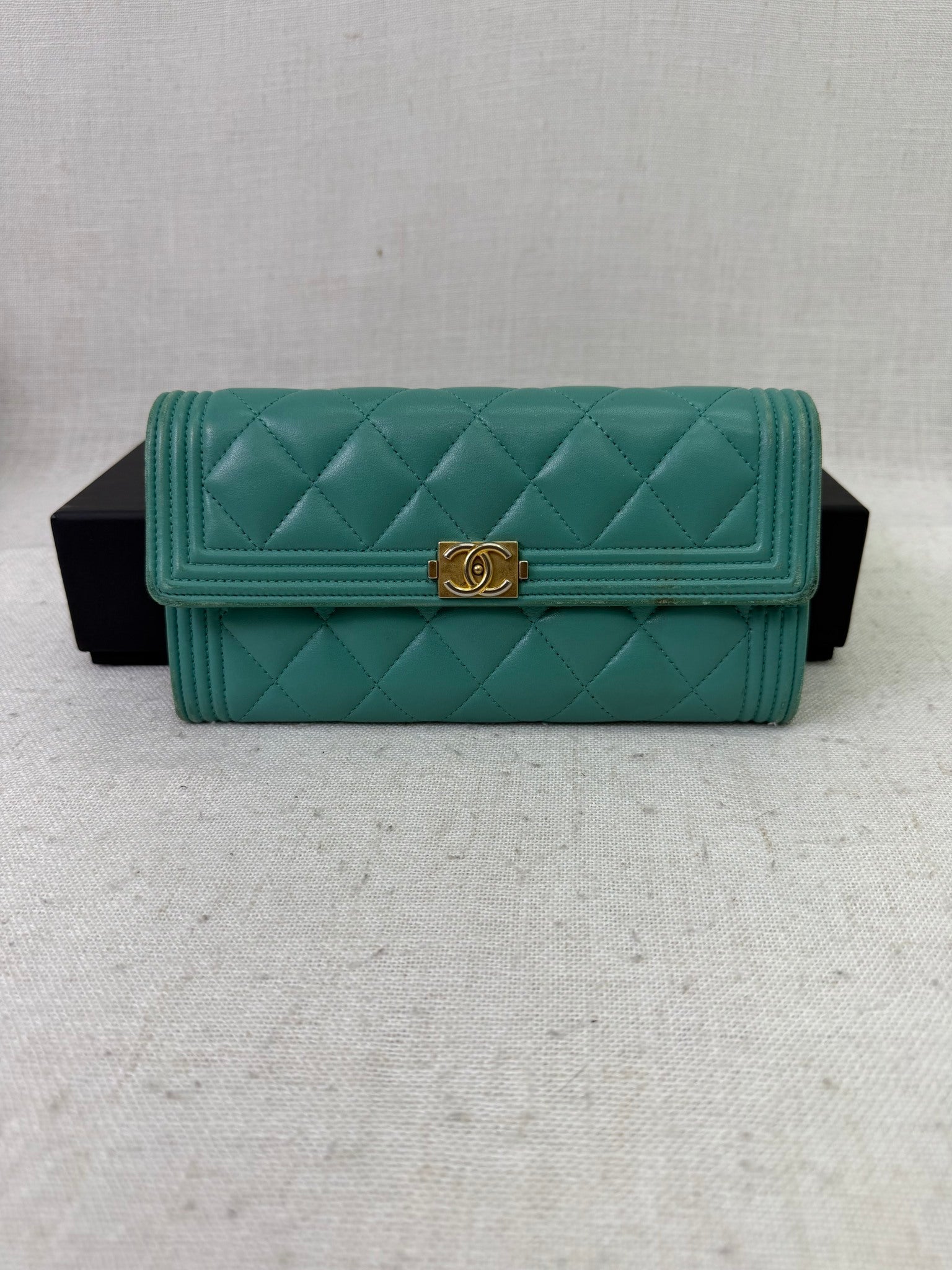 Chanel Teal Quilted Calfskin Boy Long Wallet