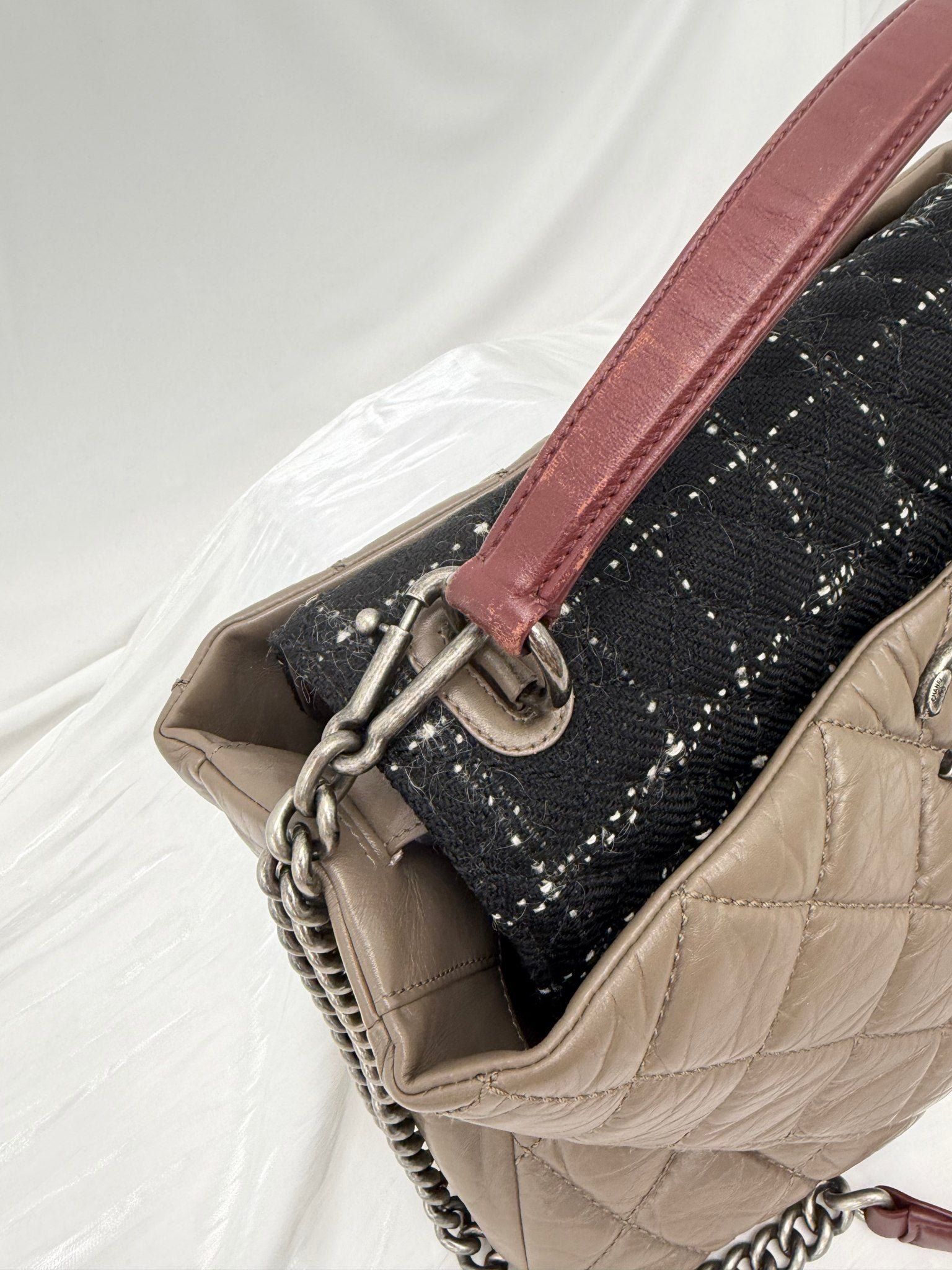 Chanel Dark Taupe Quilted Aged Calfskin & Tweed Large Portobello Top Handle Bag