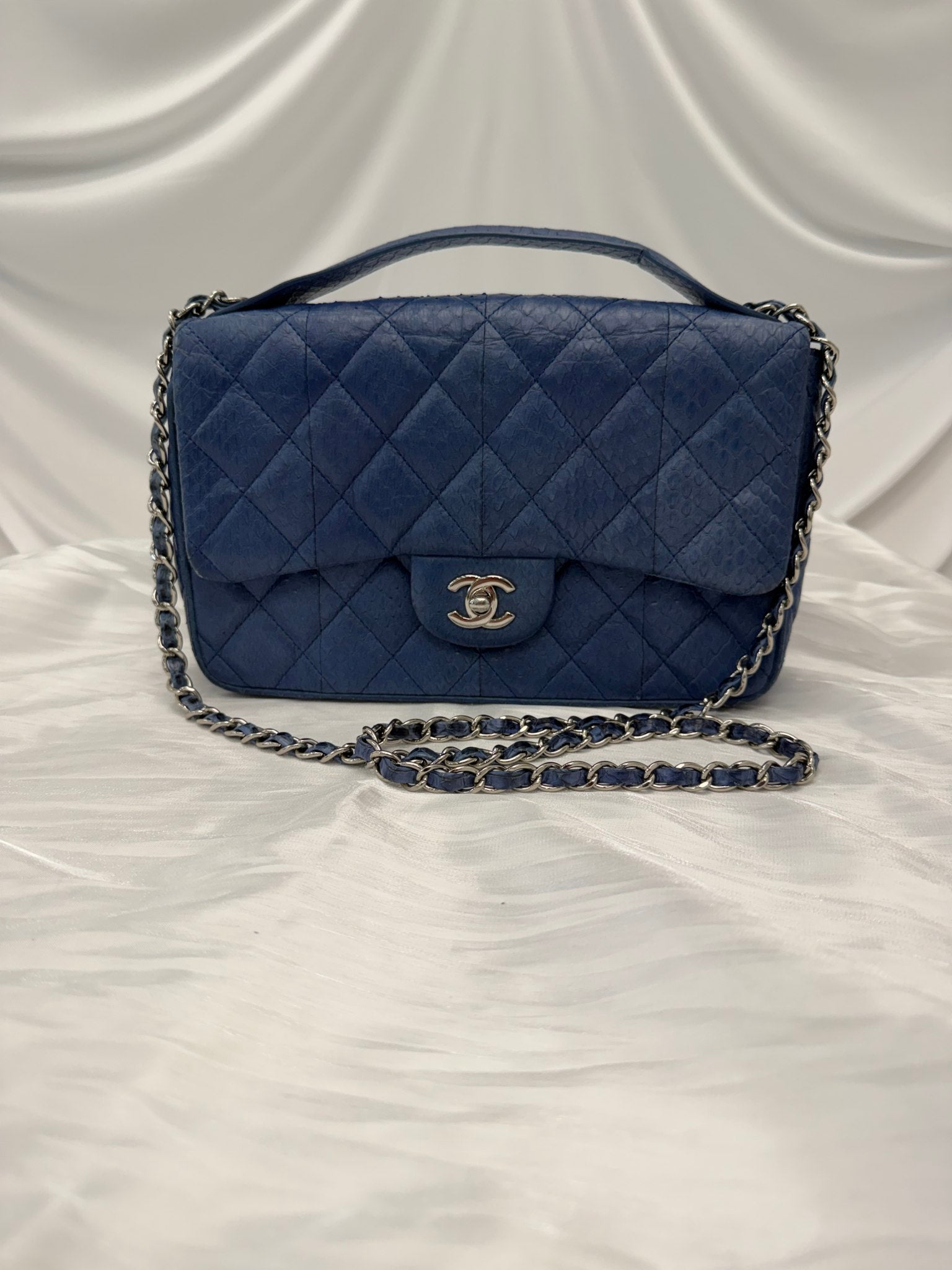 Chanel Blue Snakeskin Top Handle Easy Carry Flap
