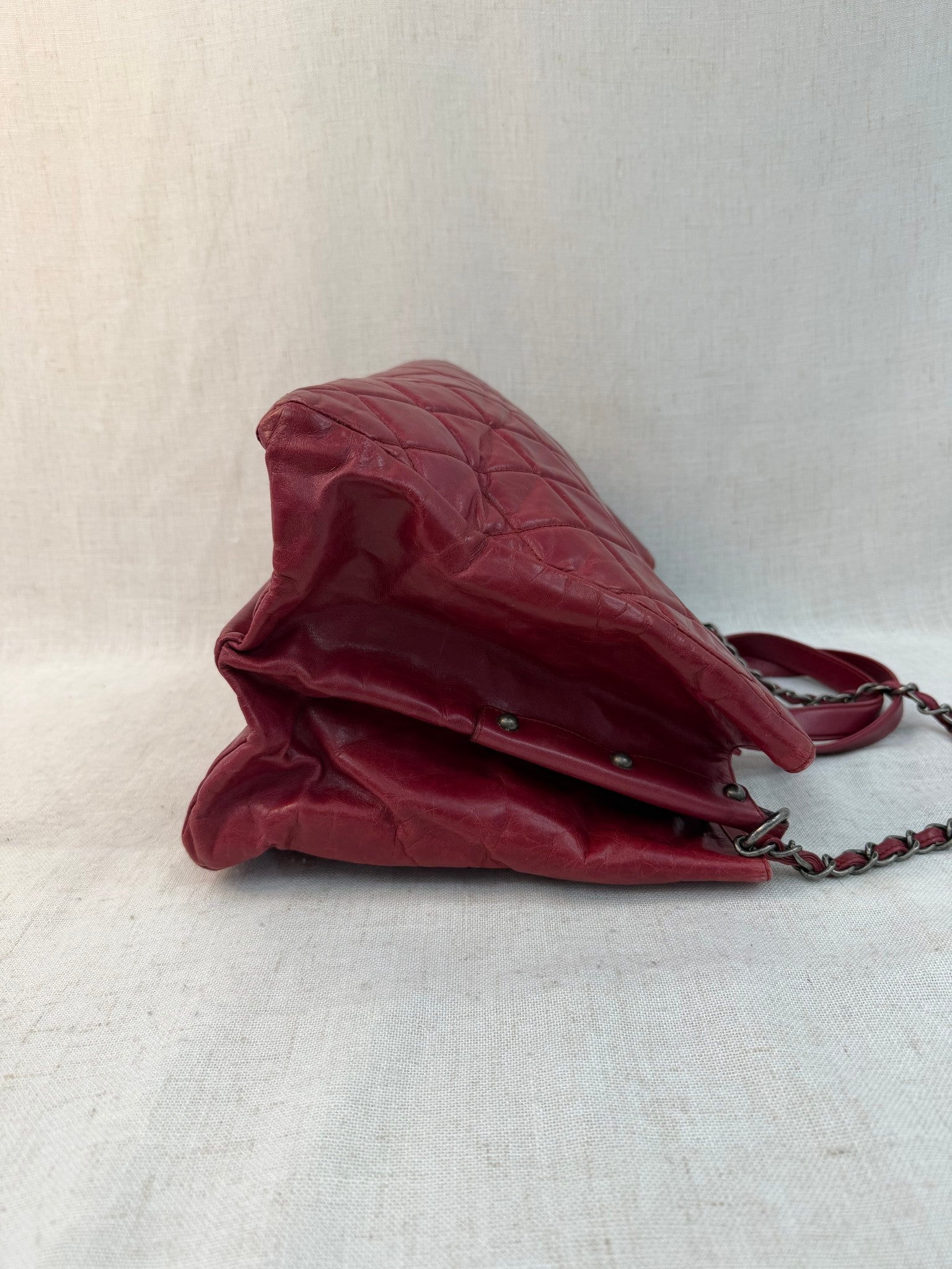 Chanel Red Calfskin Glazed Quilted Glazed Large On The Road Tote Bag