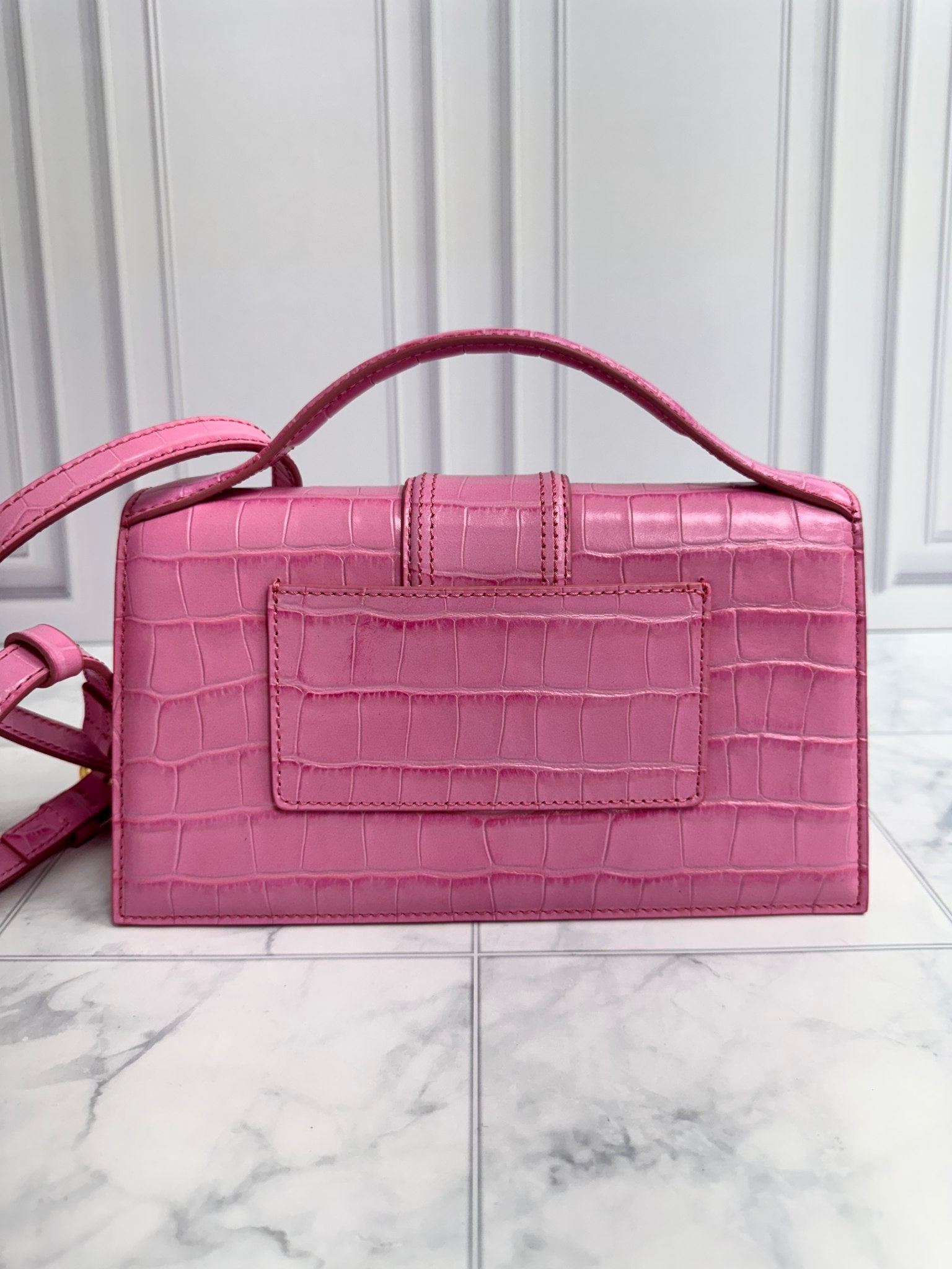 BRAND NEW - Jacquemus Pink Croc Embossed Leather Le Bambino Long 2Way Bag