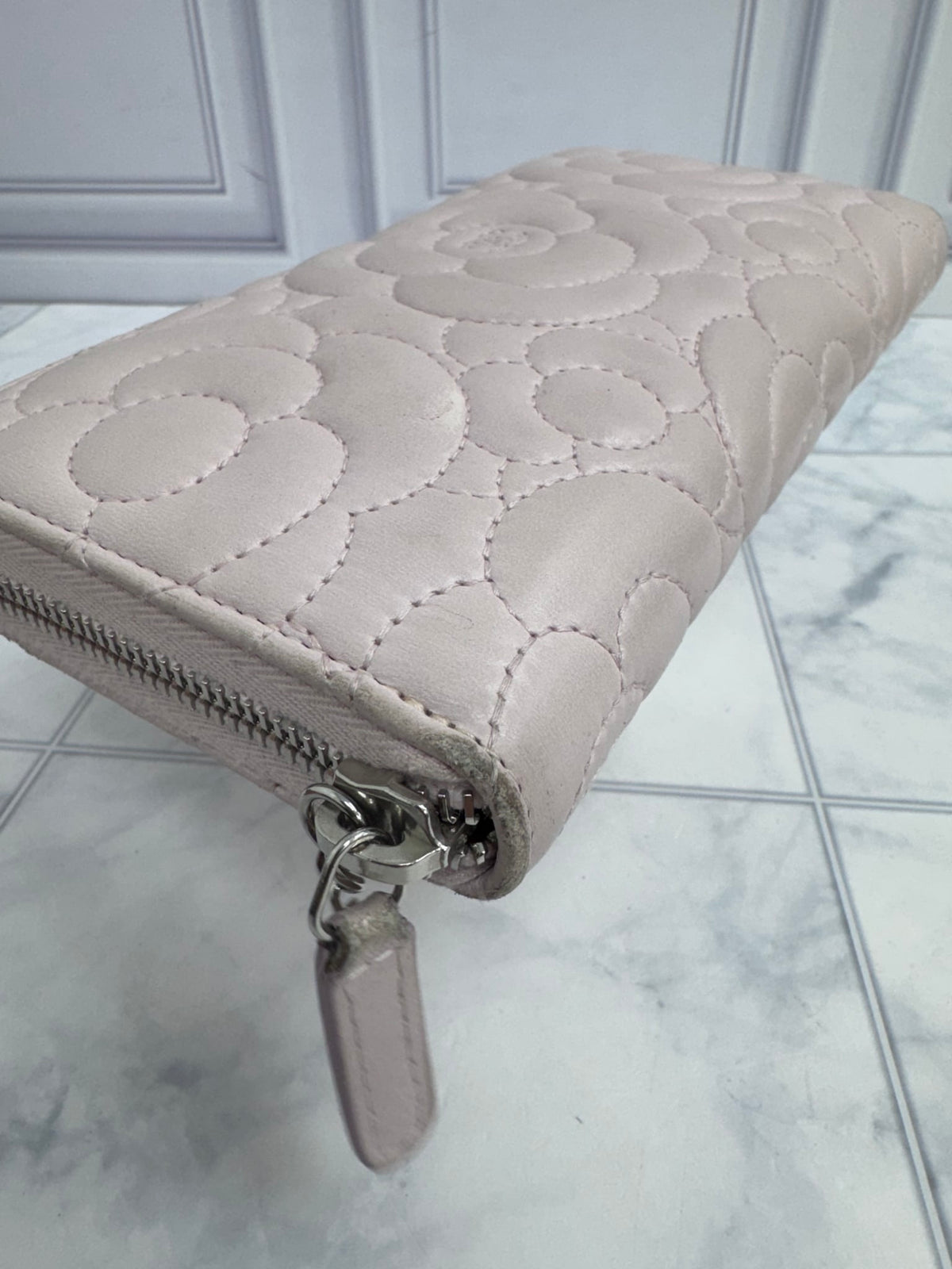 Chanel Pink Camellia Embossed Calfskin Leather Zippy Wallet