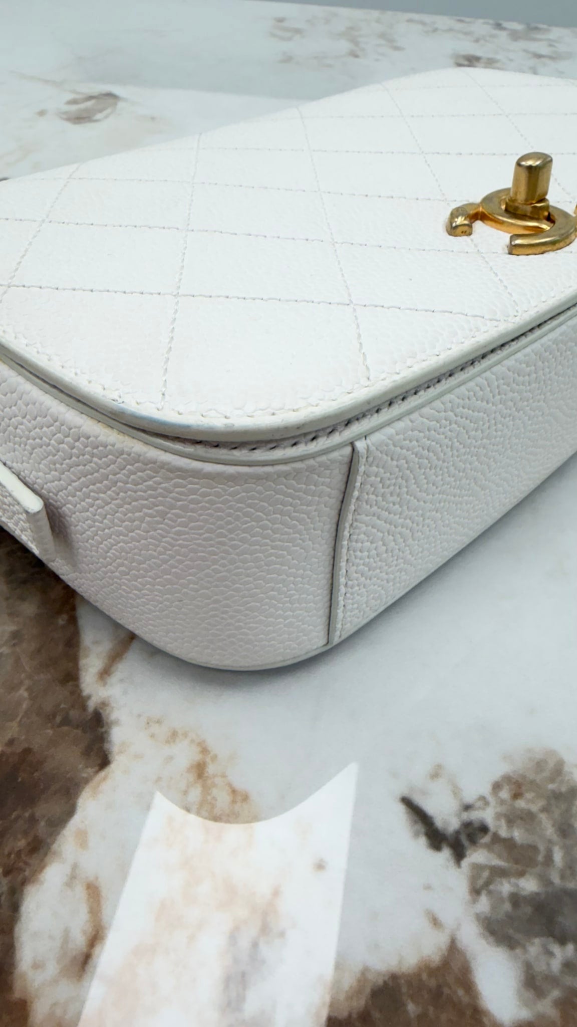 Chanel White Quilted Caviar Leather Small Camera Flap Bag