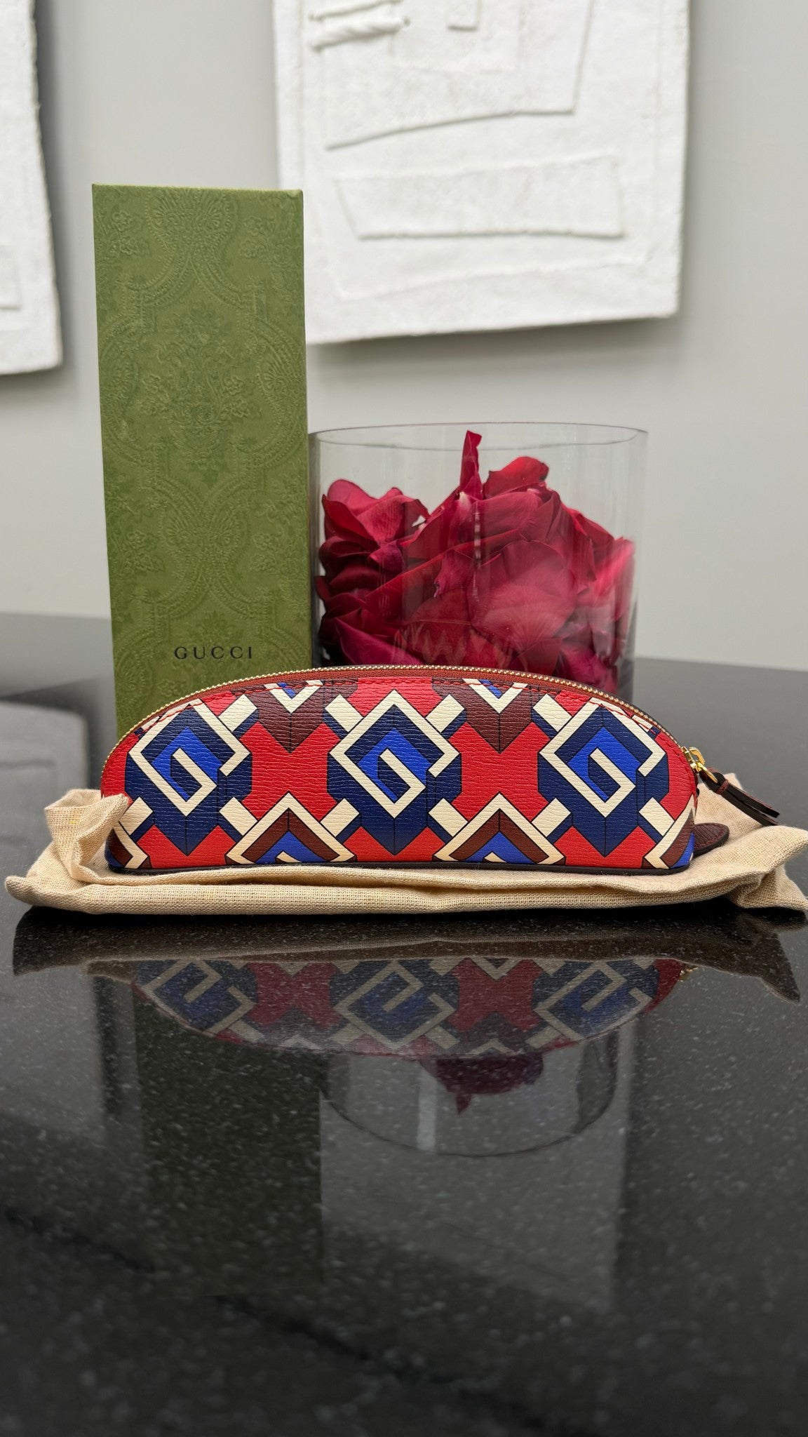 BRAND NEW- Gucci Red & Blue Geometric Print Pencil Case