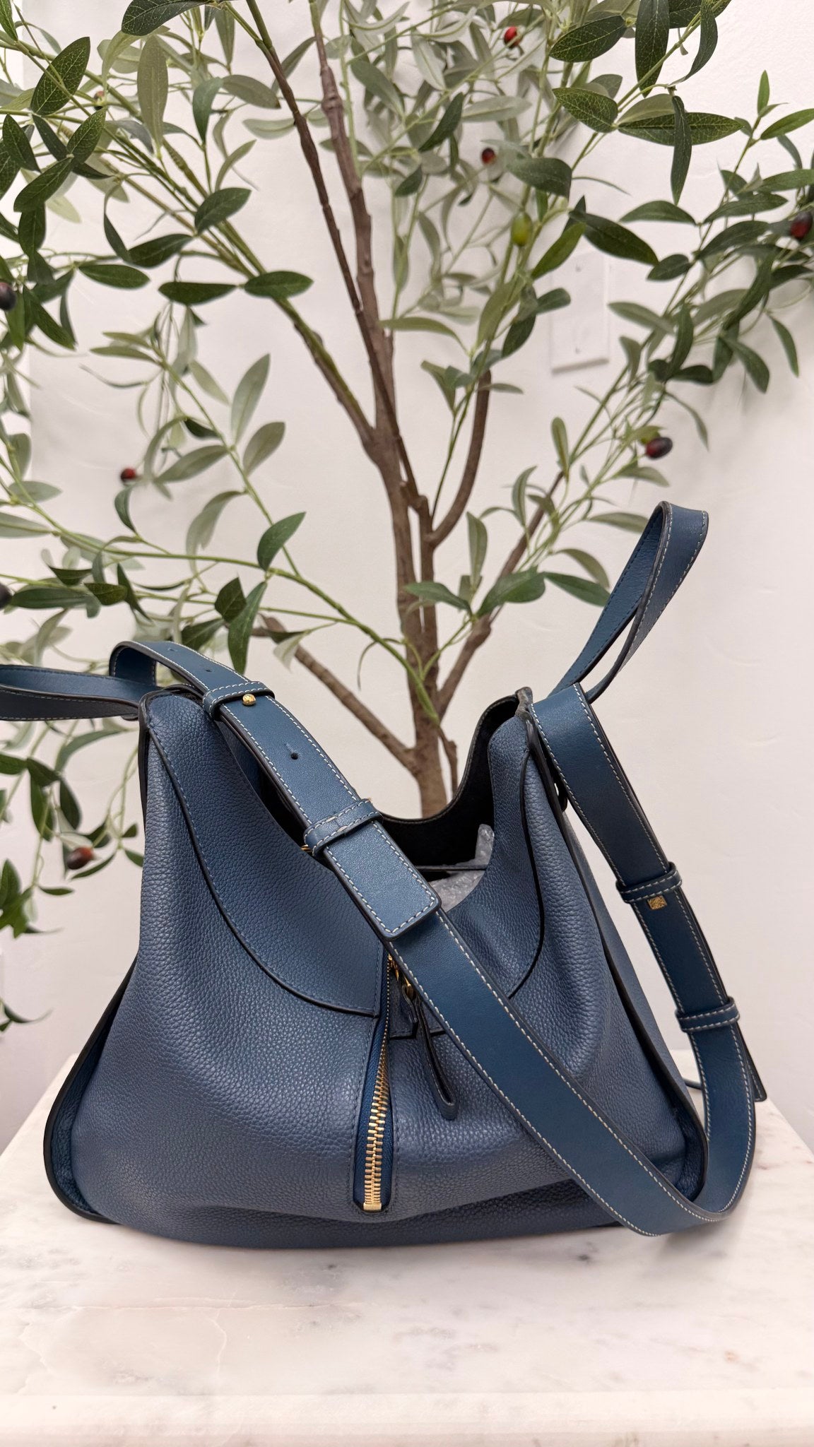 Loewe Dark Blue Grained Leather Hammock Shoulder Bag