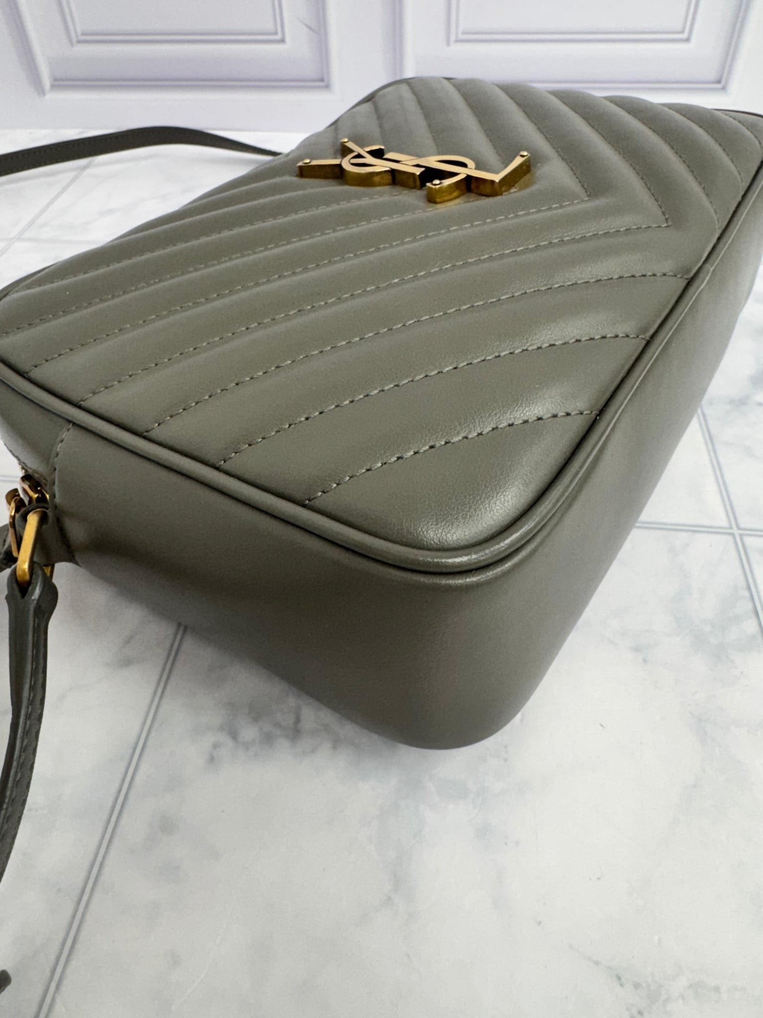 LIKE NEW - Saint Laurent YSL Grey Chevron Quilted Leather Lou Camera Bag