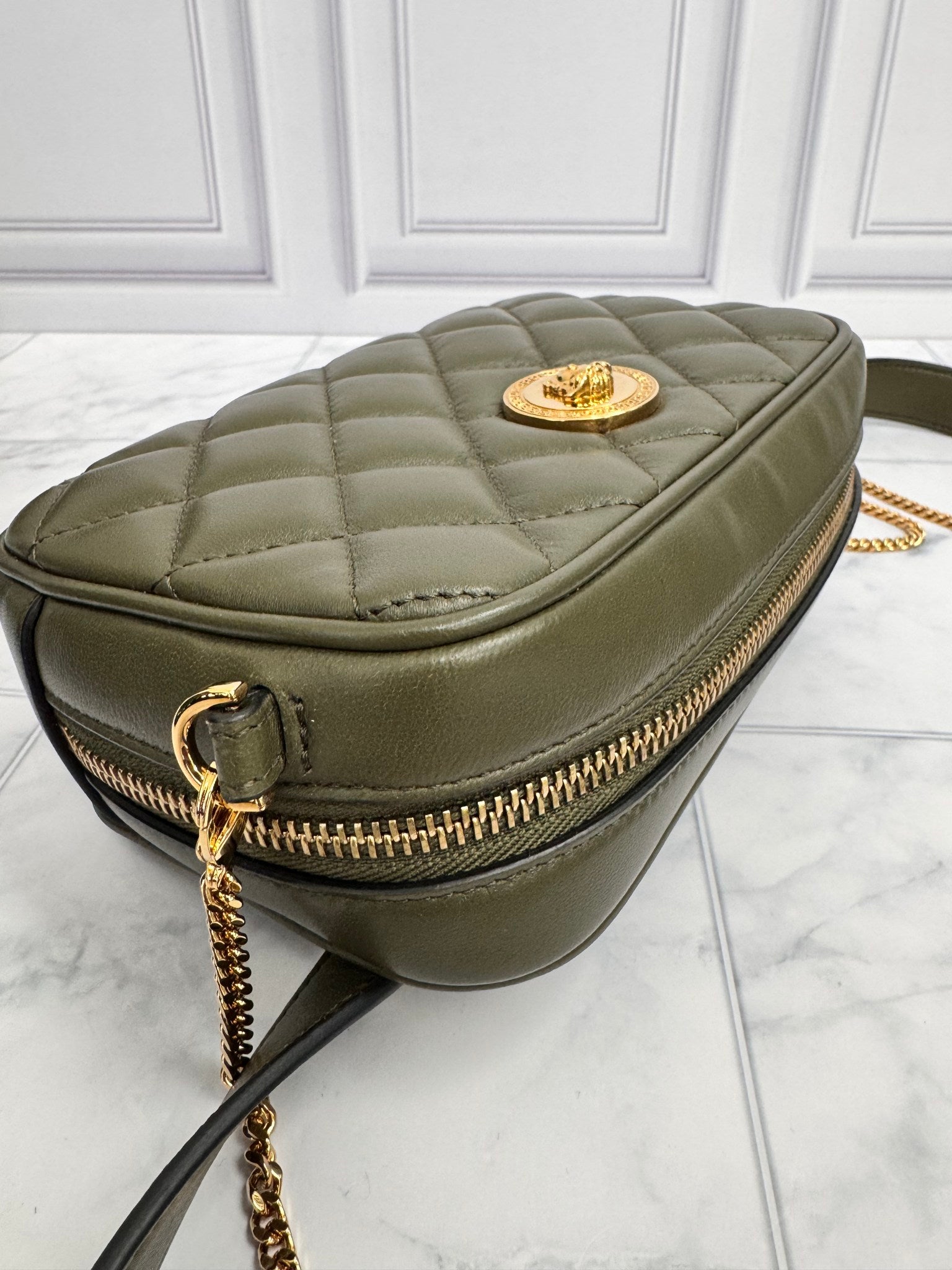 Versace Dark Green Quilted Leather Medusa Head Belt Bag
