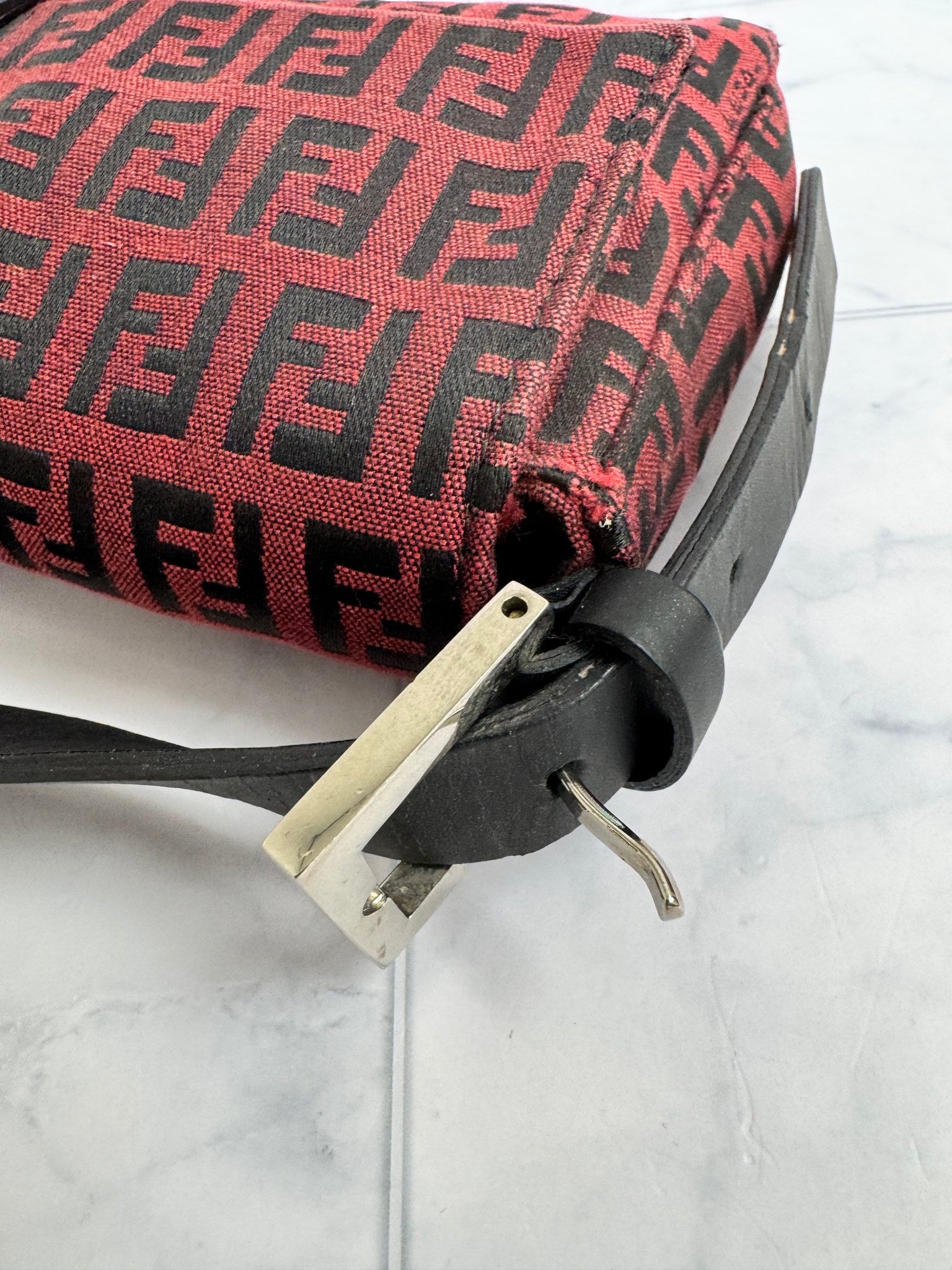 Fendi Red And Black Zucca FF Monogram Canvas Baguette Shoulder Bag