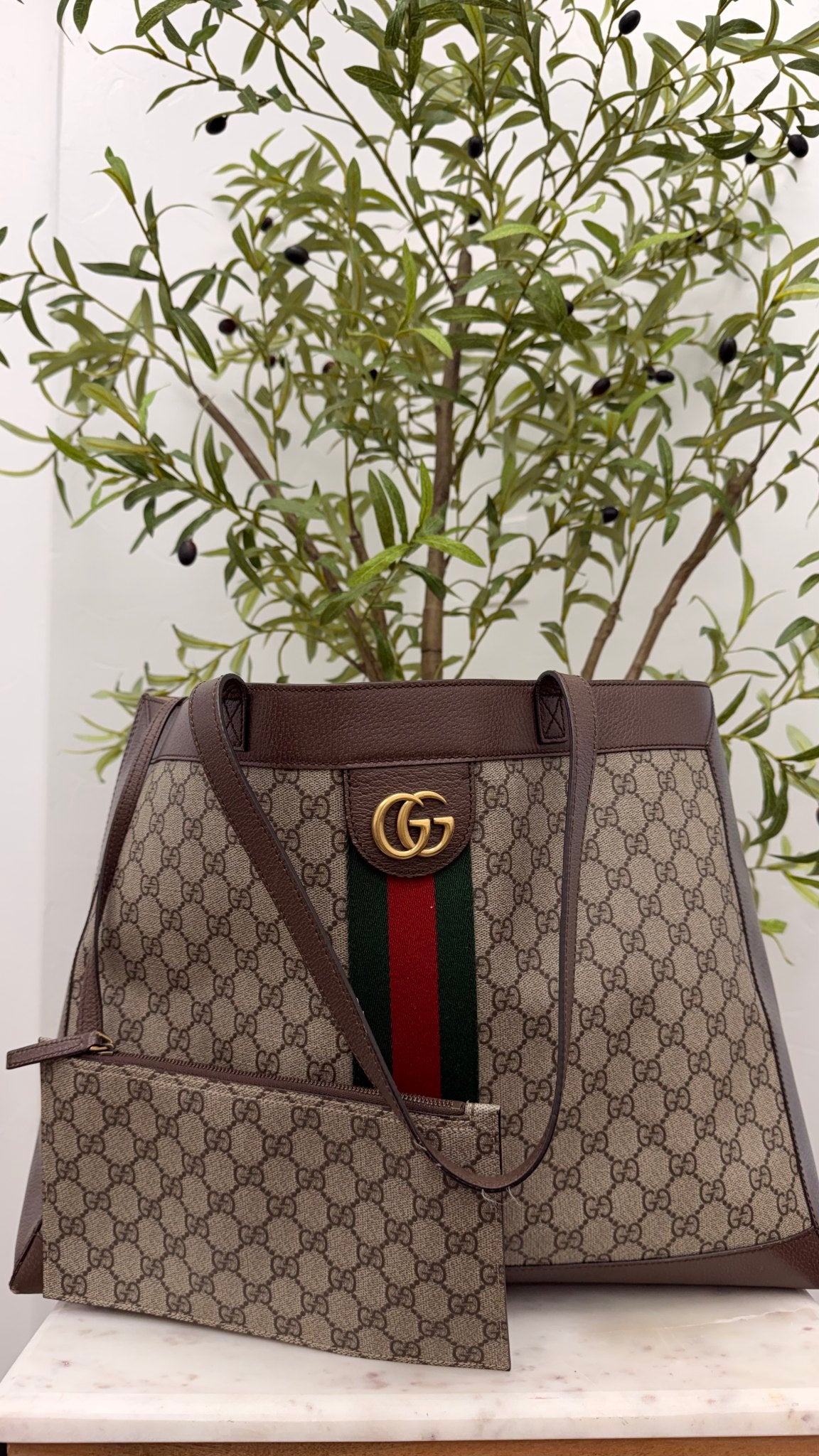 Gucci Supreme Canvas & Leather Ophidia Large Tote Bag With Pouch