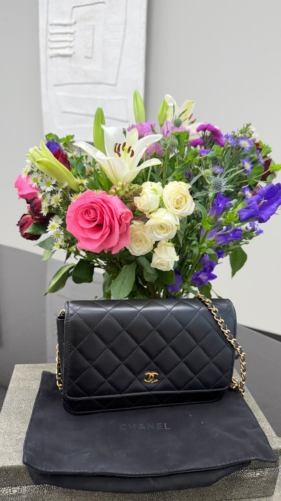 Chanel Black Lambskin Leather Wallet On A Chain