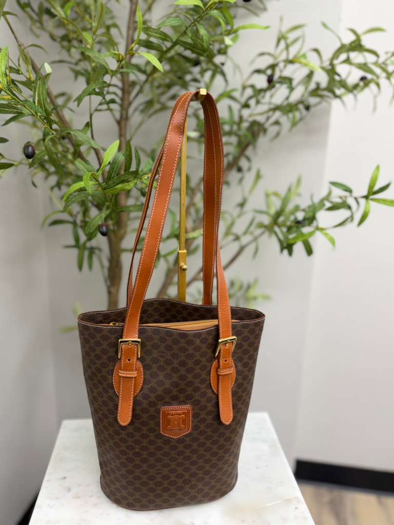 Celine Brown Coated Canvas Macadam Bucket Bag