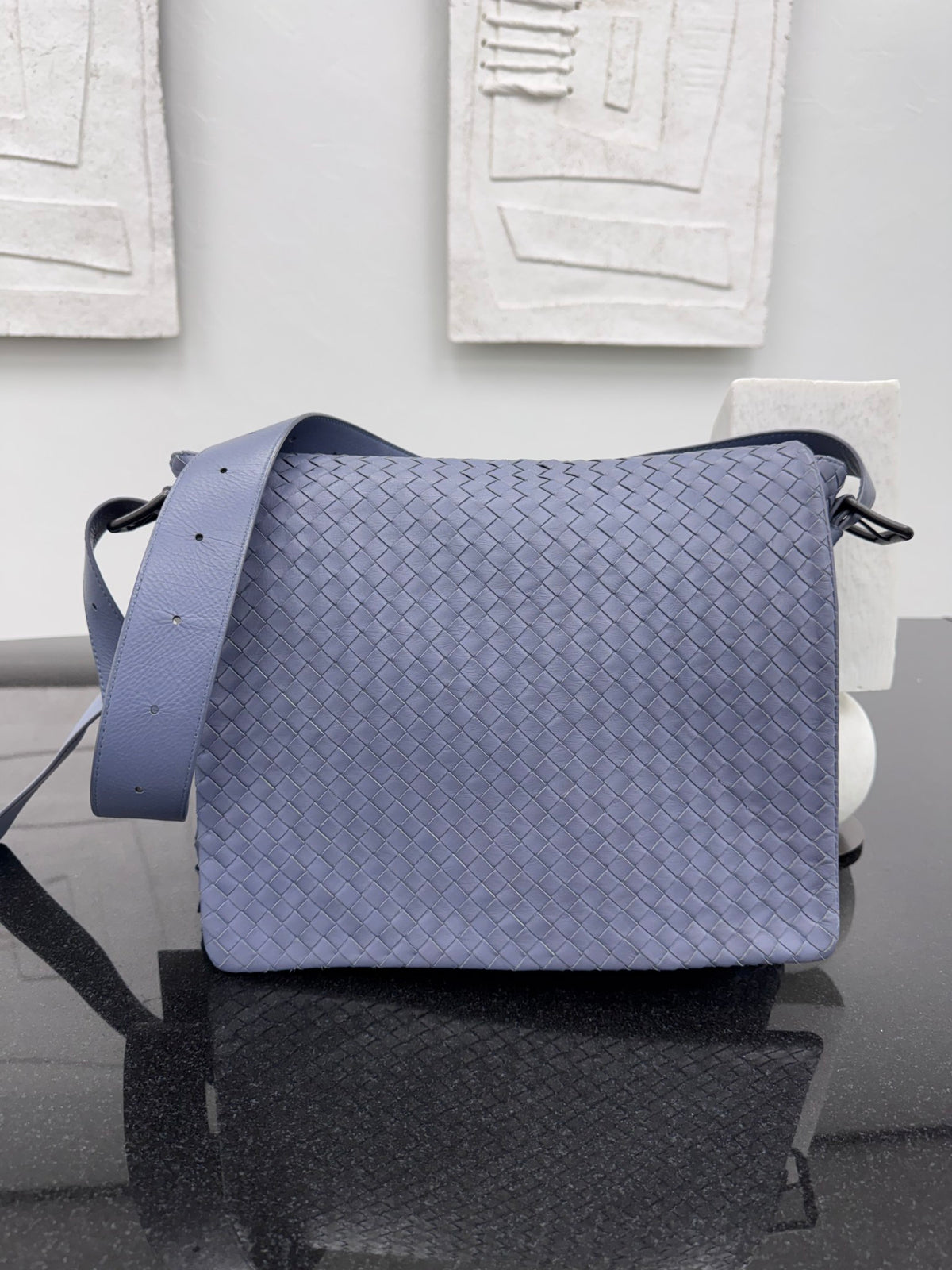 Bottega Veneta Blue Grey Intrecciato Leather Messenger Bag