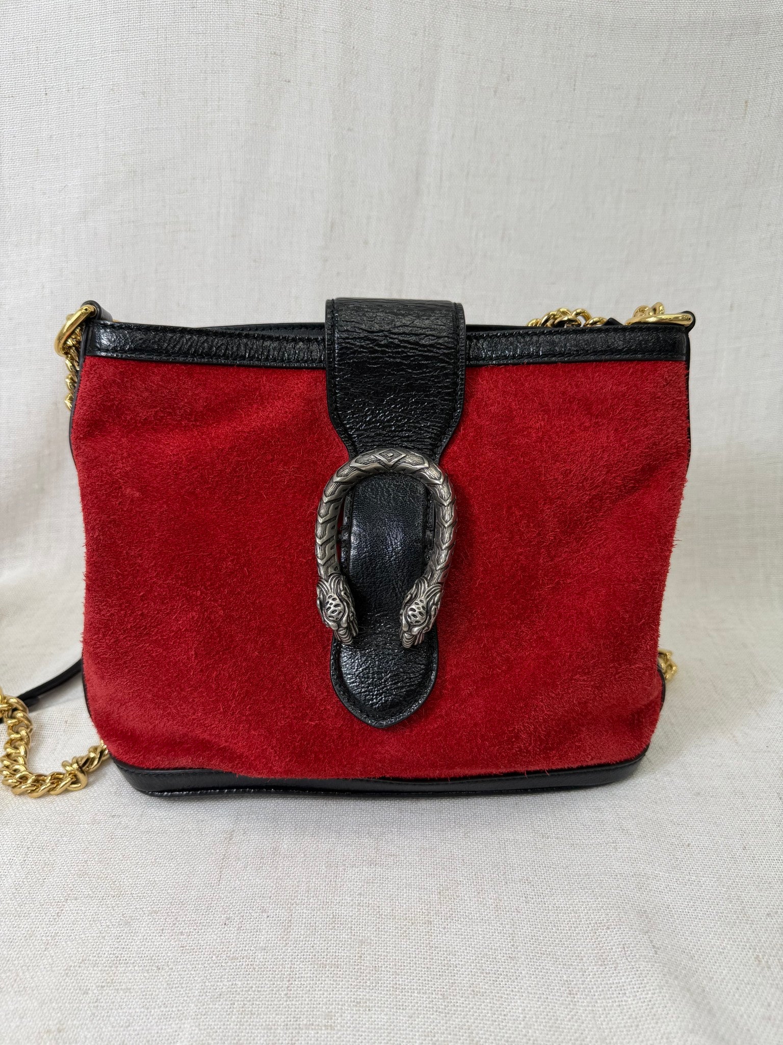 Gucci Red Suede Black Leather Medium Dionysus Bucket Bag