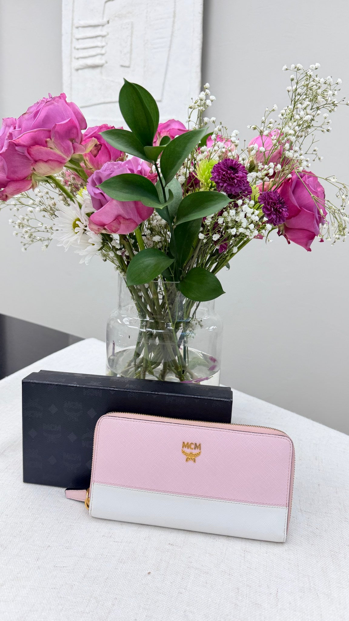 MCM Pink And White Saffiano Leather Zippy Wallet