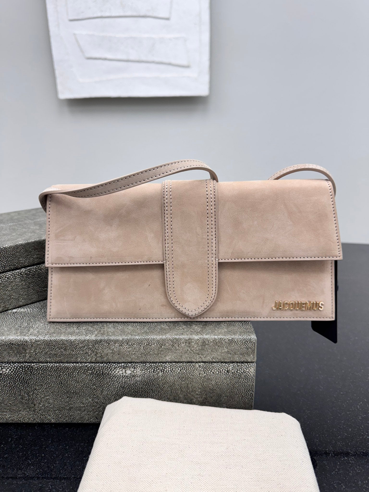 BRAND NEW Jacquemus Beige Suede Le Bambino Long Shoulder Bag