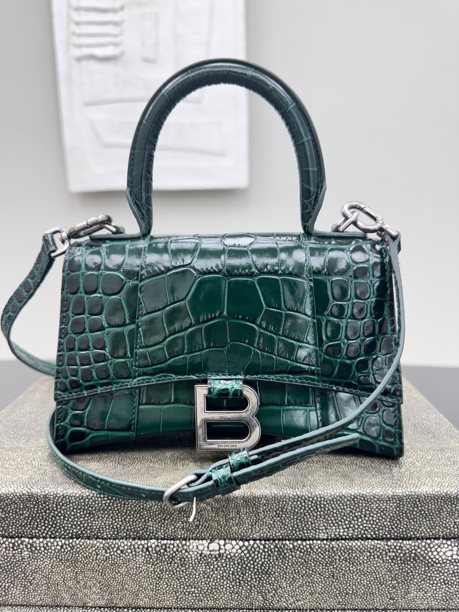 Balenciaga Dark Green Croc Embossed Leather XS Hourglass 2Way Bag