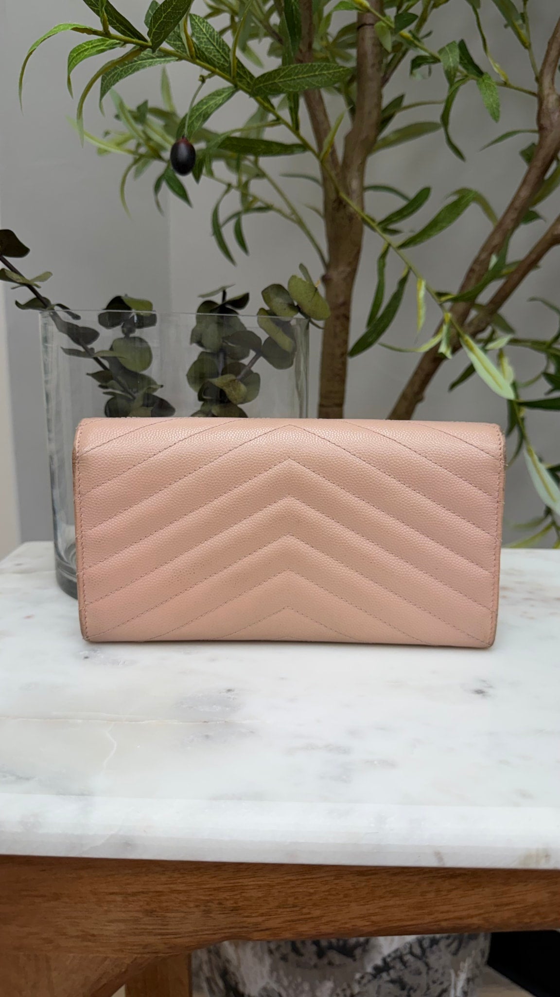 Saint Laurent YSL Dusty Pink Pebbled Leather Cassandre Long Wallet
