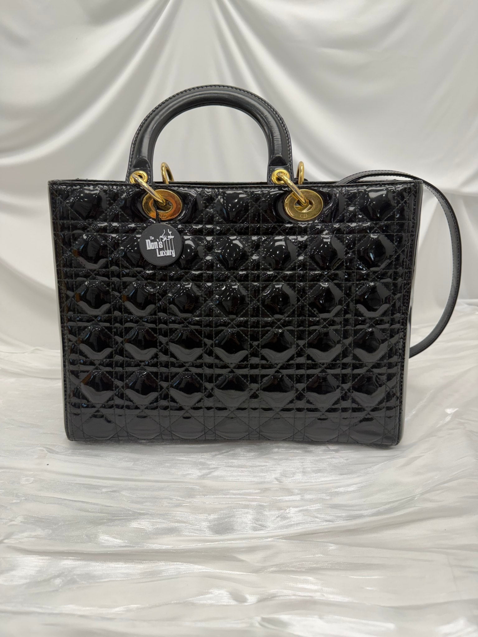 Christian Dior Vintage Black Patent Leather Cannage Large Lady Dior Handbag