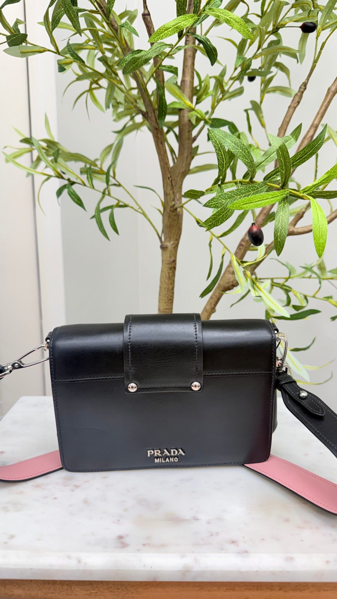 Prada Black And Pink Leather City Plex Ribbon Crossbody Bag