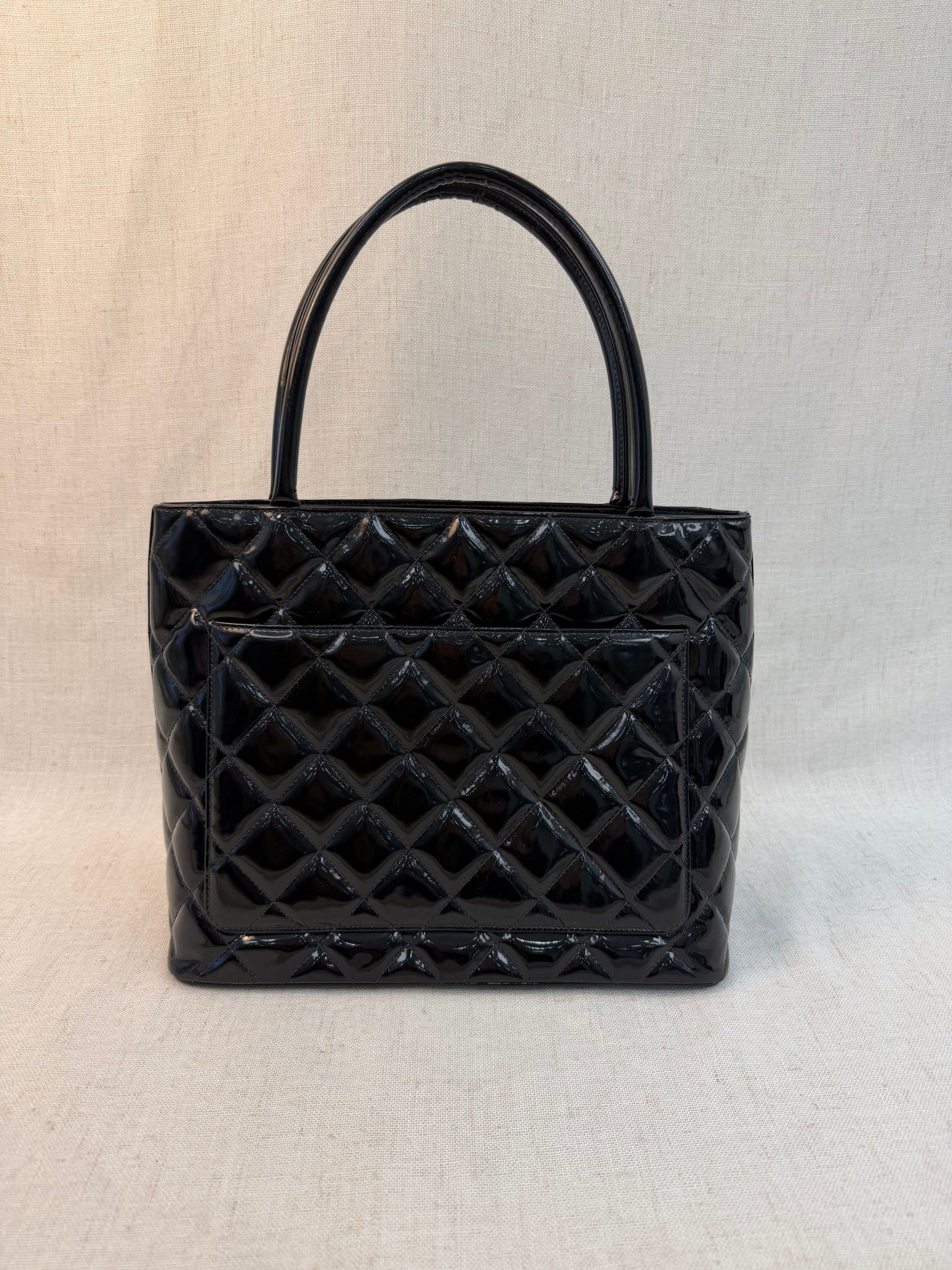 Chanel Black Patent Leather Medallion Tote Bag