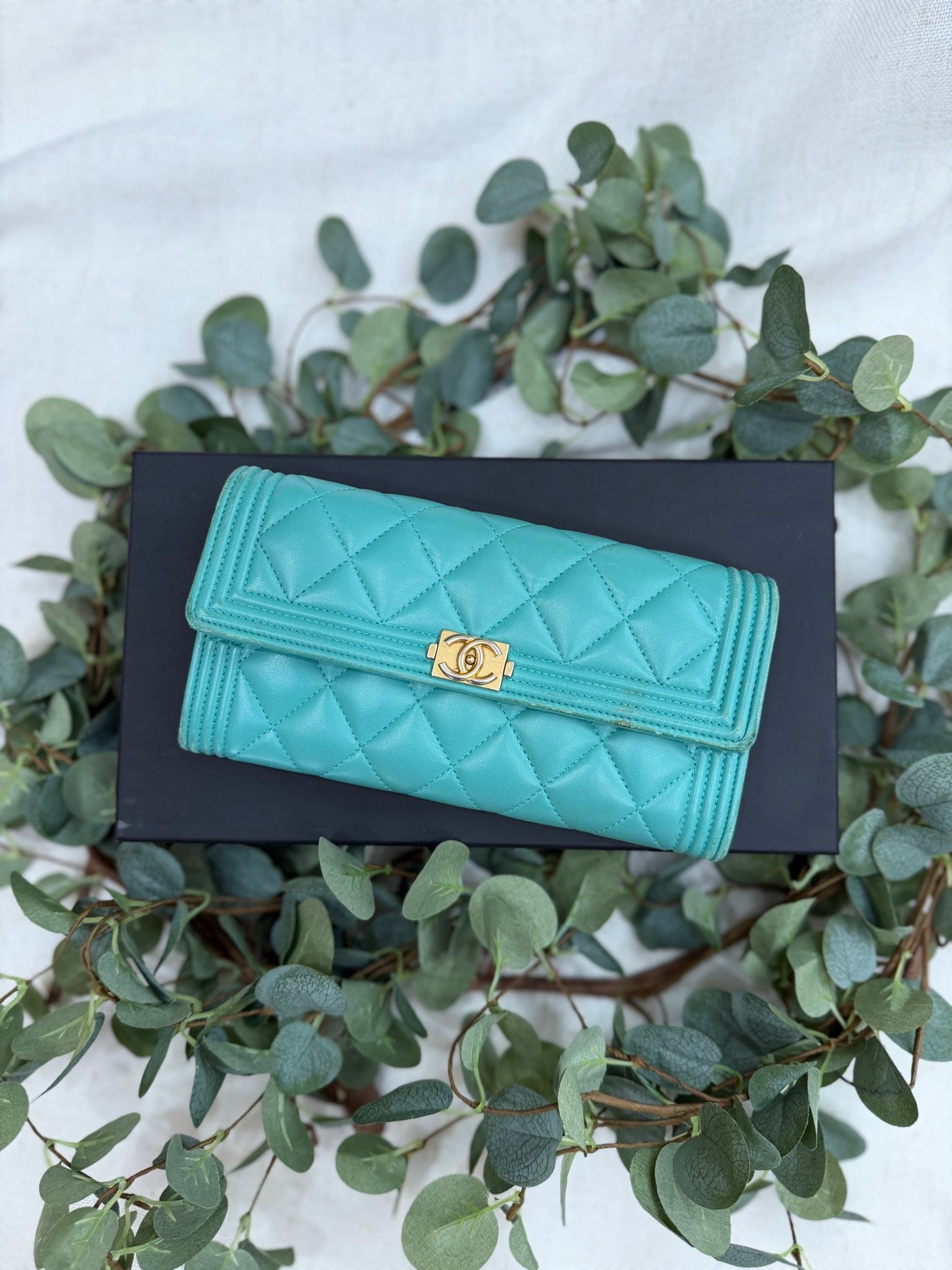 Chanel Teal Quilted Calfskin Boy Long Wallet