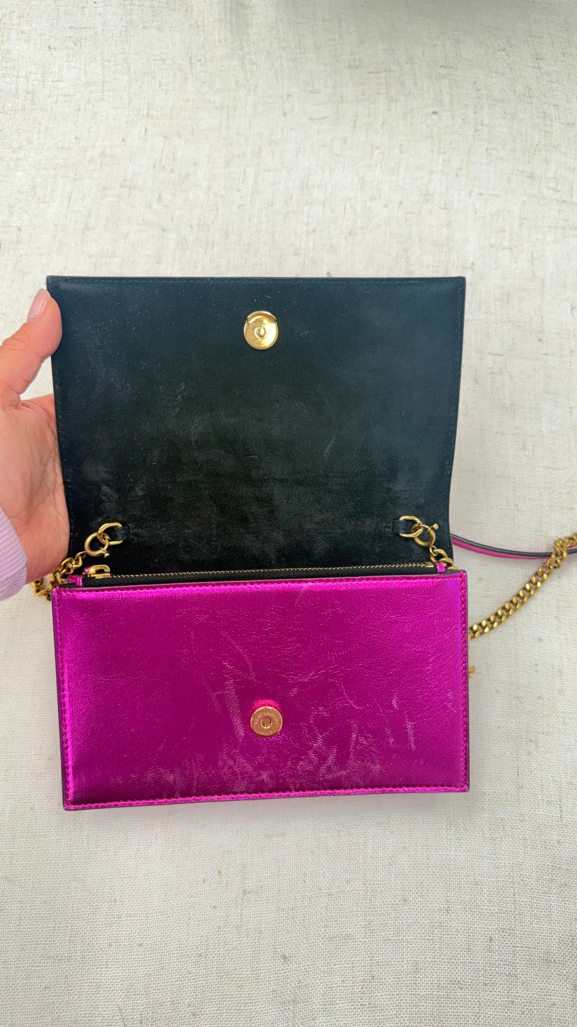 Saint Laurent YSL Fuchsia Metallic Leather Kate Wallet On A Chain