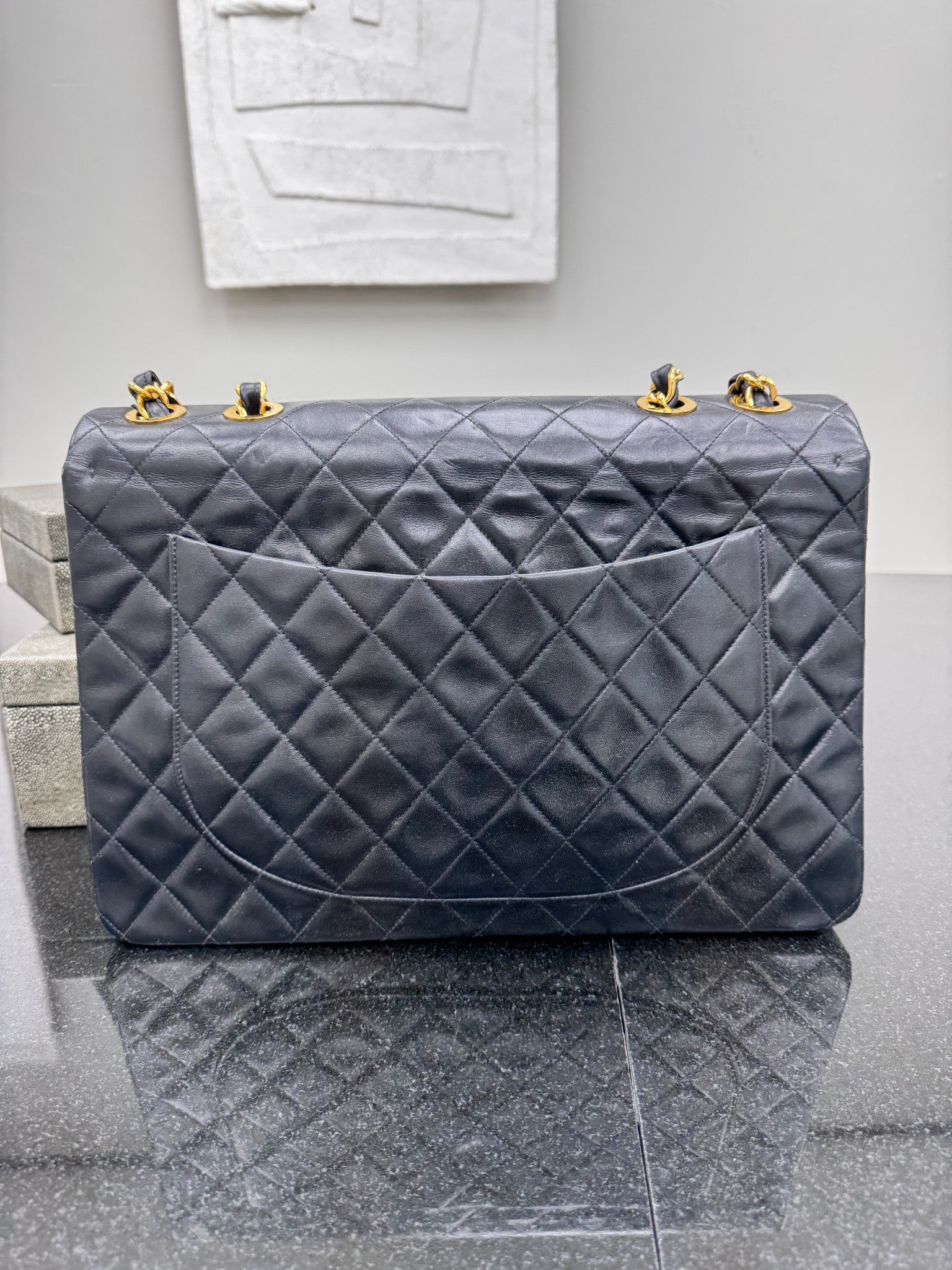 Chanel Vintage Black Quilted Calfskin Leather 24k Jumbo Classic Flap Bag