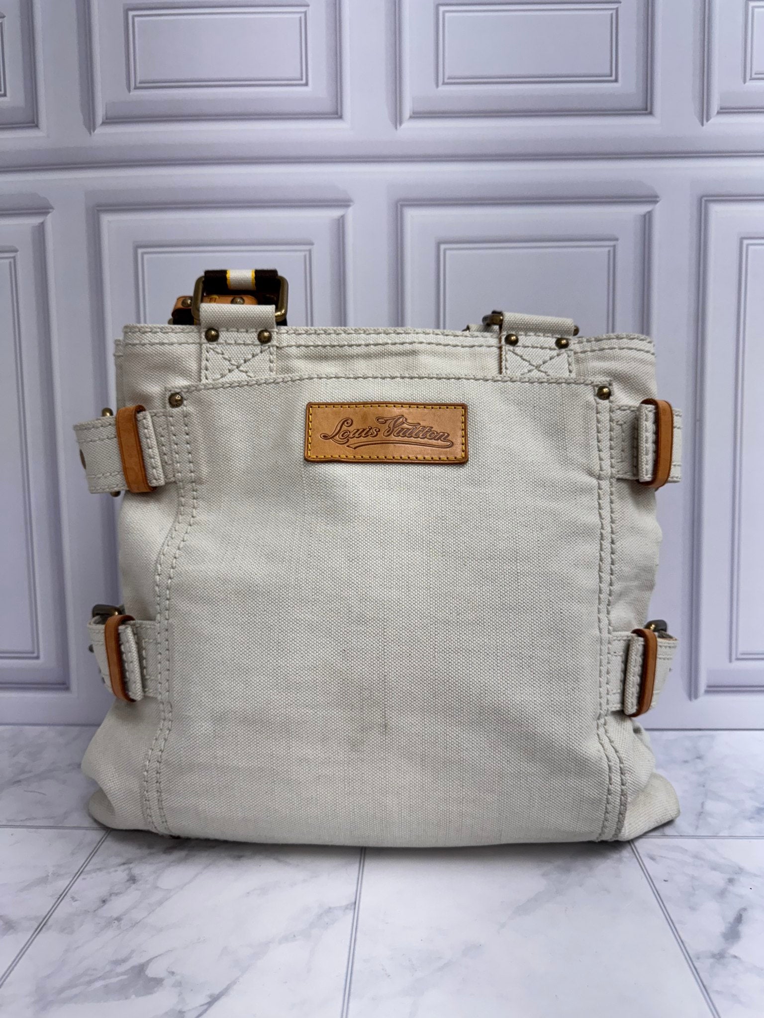 Louis Vuitton Beige Canvas Red Toile Globe Shopper Cabas Bag MM