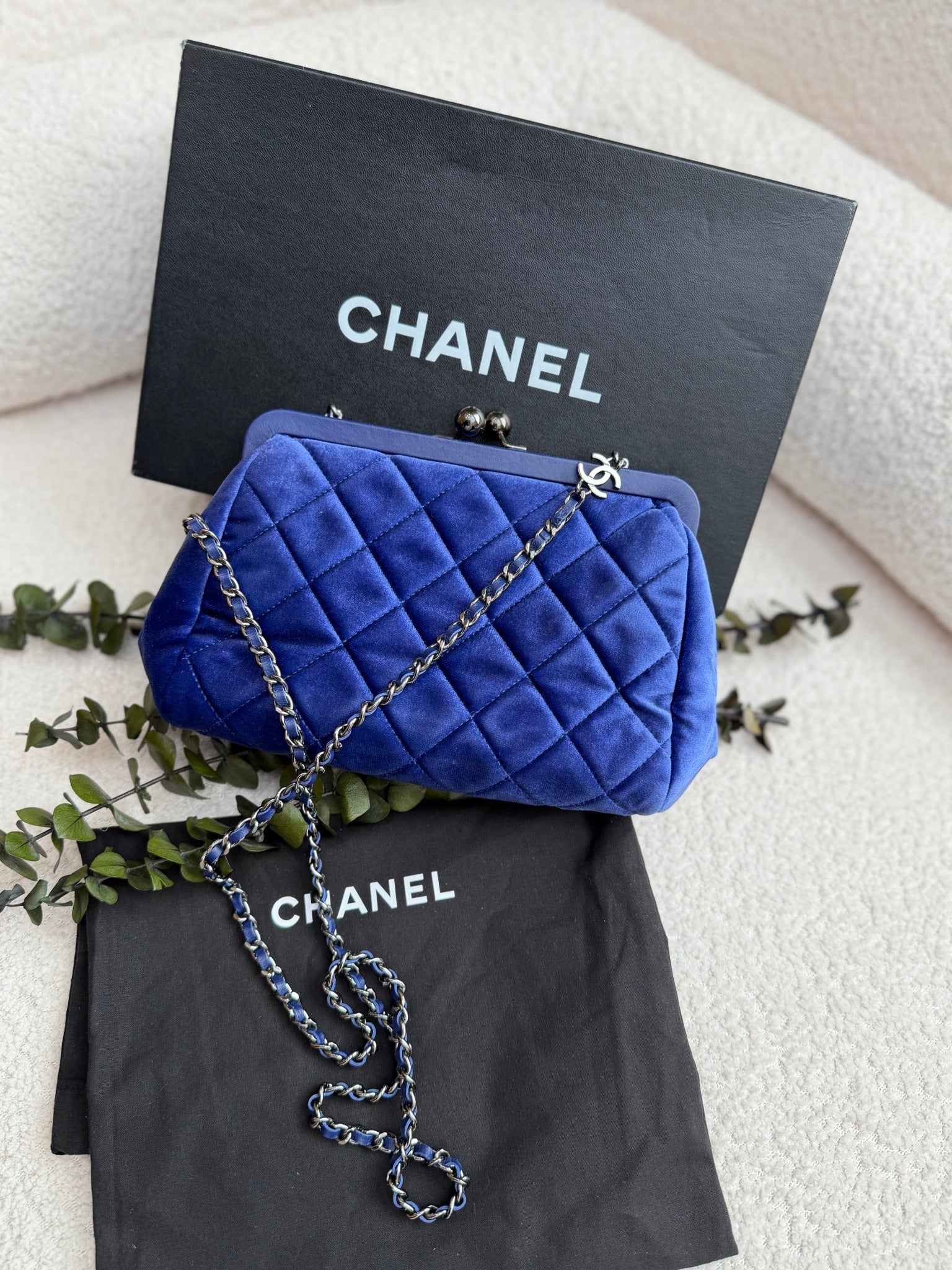 Chanel Blue Velvet Quilted Kiss Lock Clutch on a Chain